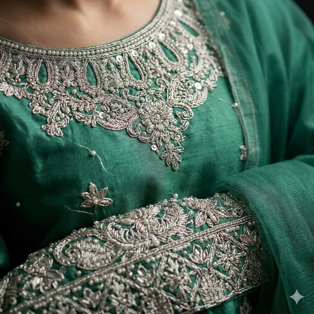 Emerald Green Embroidered Organza 2-Piece Suit
