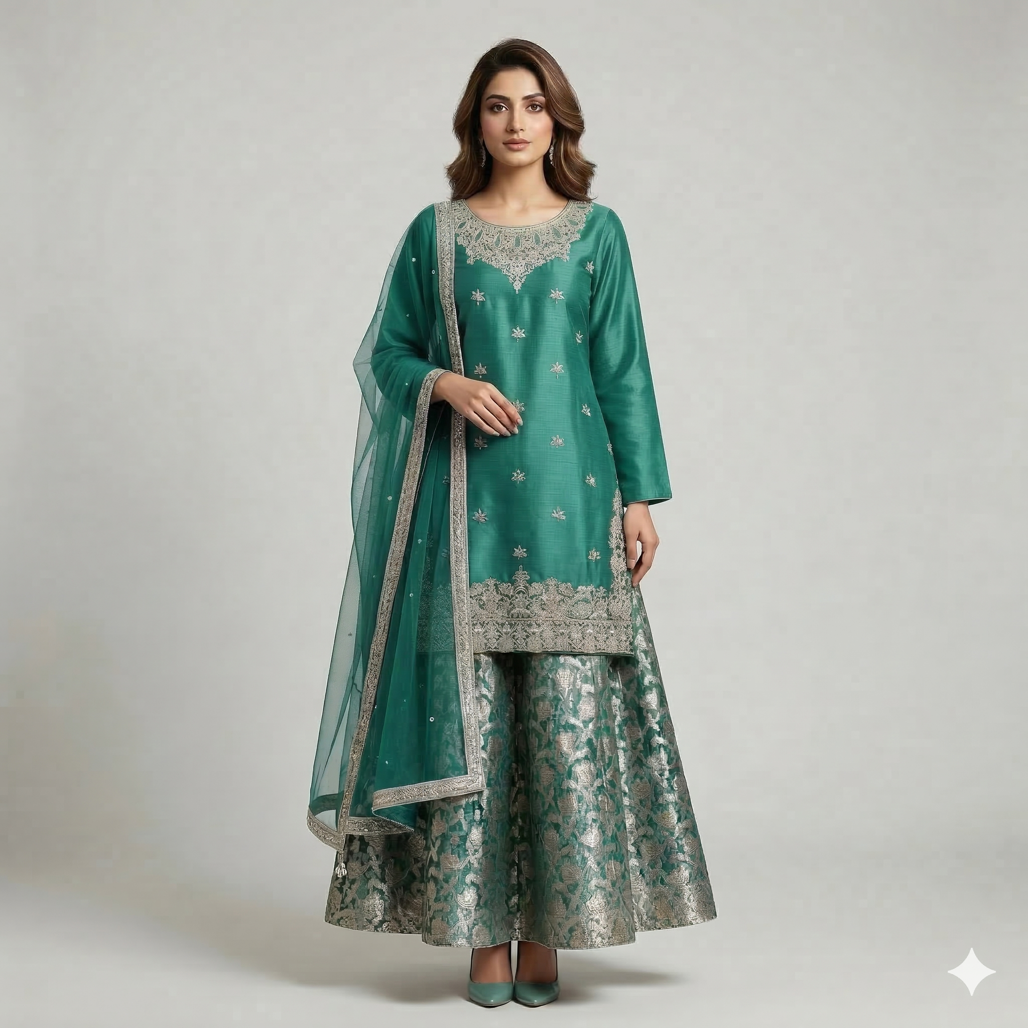 Emerald Green Embroidered Organza 2-Piece Suit
