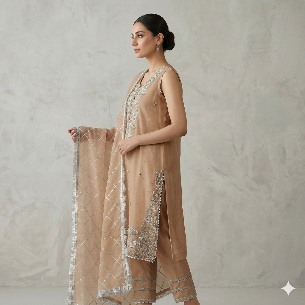Beige Embroidered Organza 2-Piece Suit