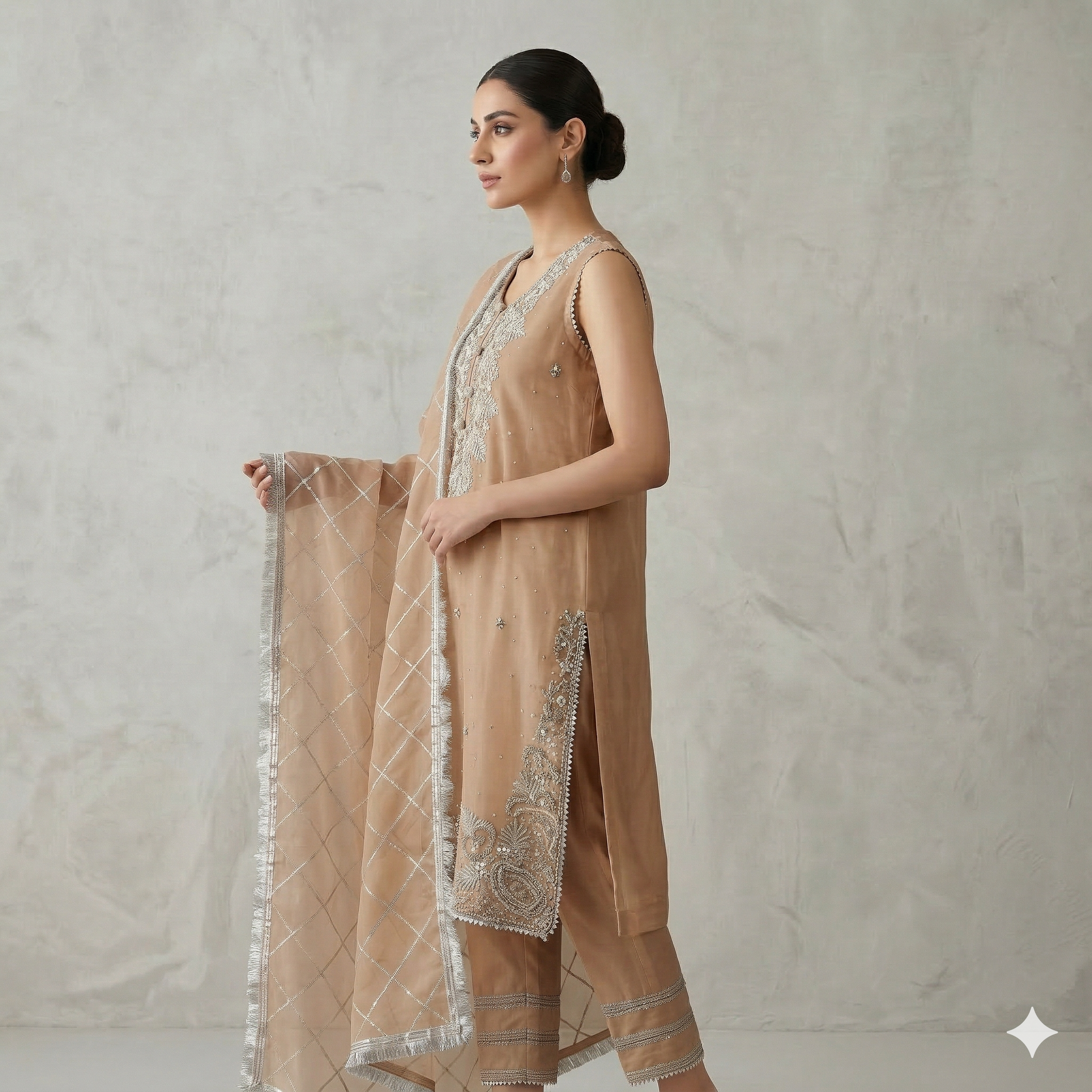 Beige Embroidered Organza 2-Piece Suit