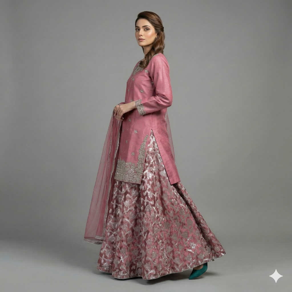 Rose Pink Embroidered Organza 2-Piece Suit