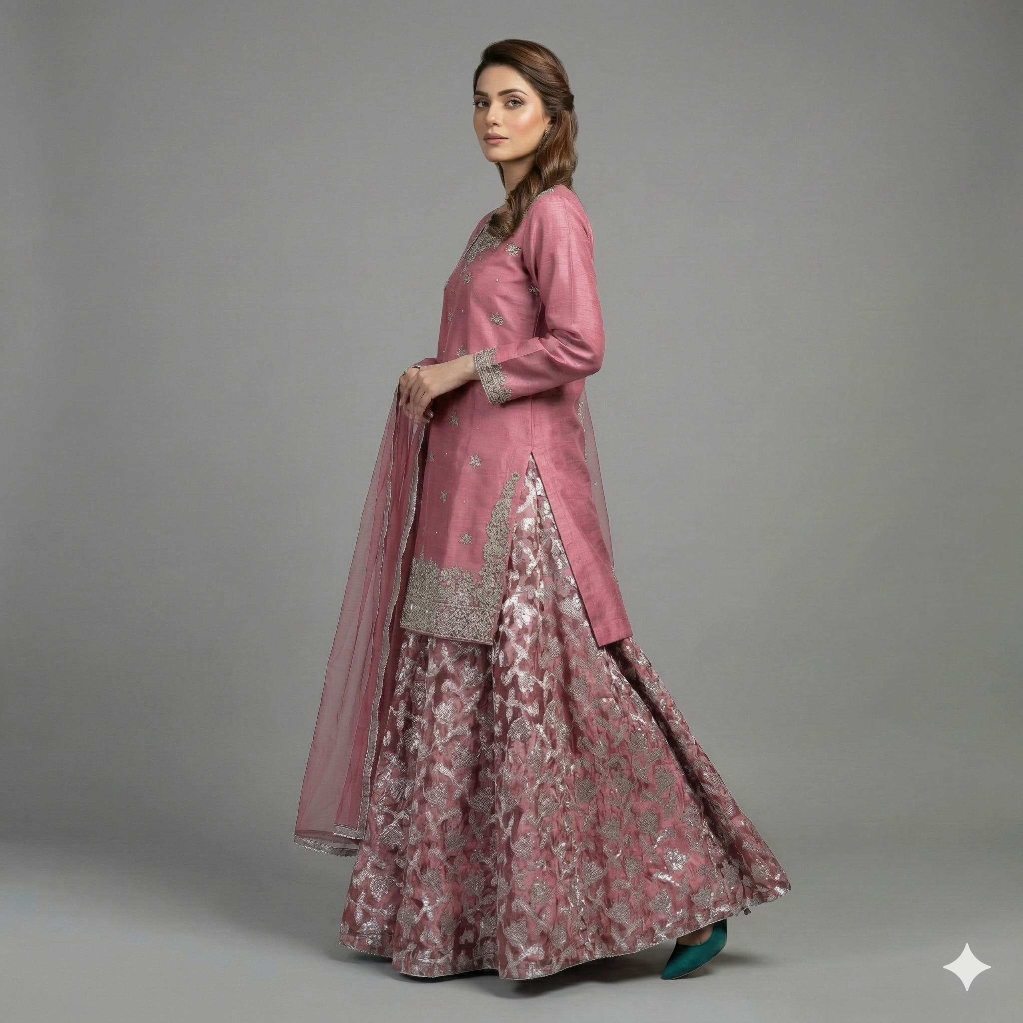 Rose Pink Embroidered Organza 2-Piece Suit