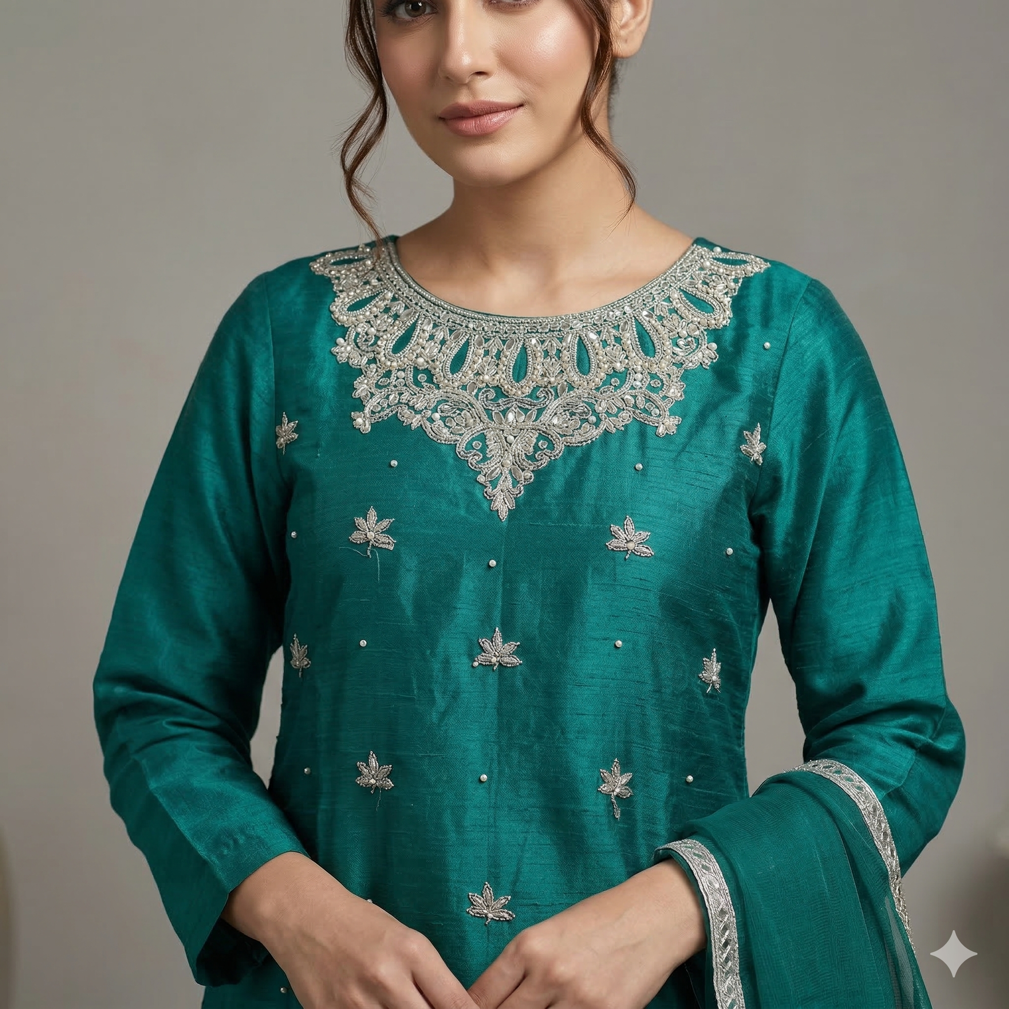 Emerald Green Embroidered Organza 2-Piece Suit