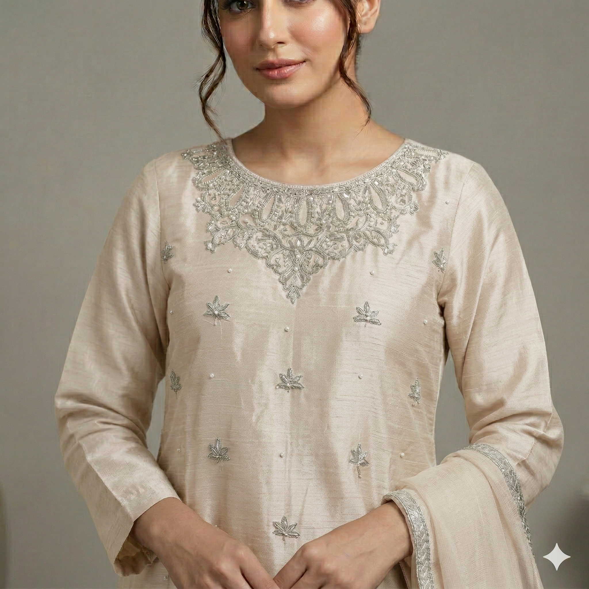 Pearl White Embroidered Organza 2-Piece Suit