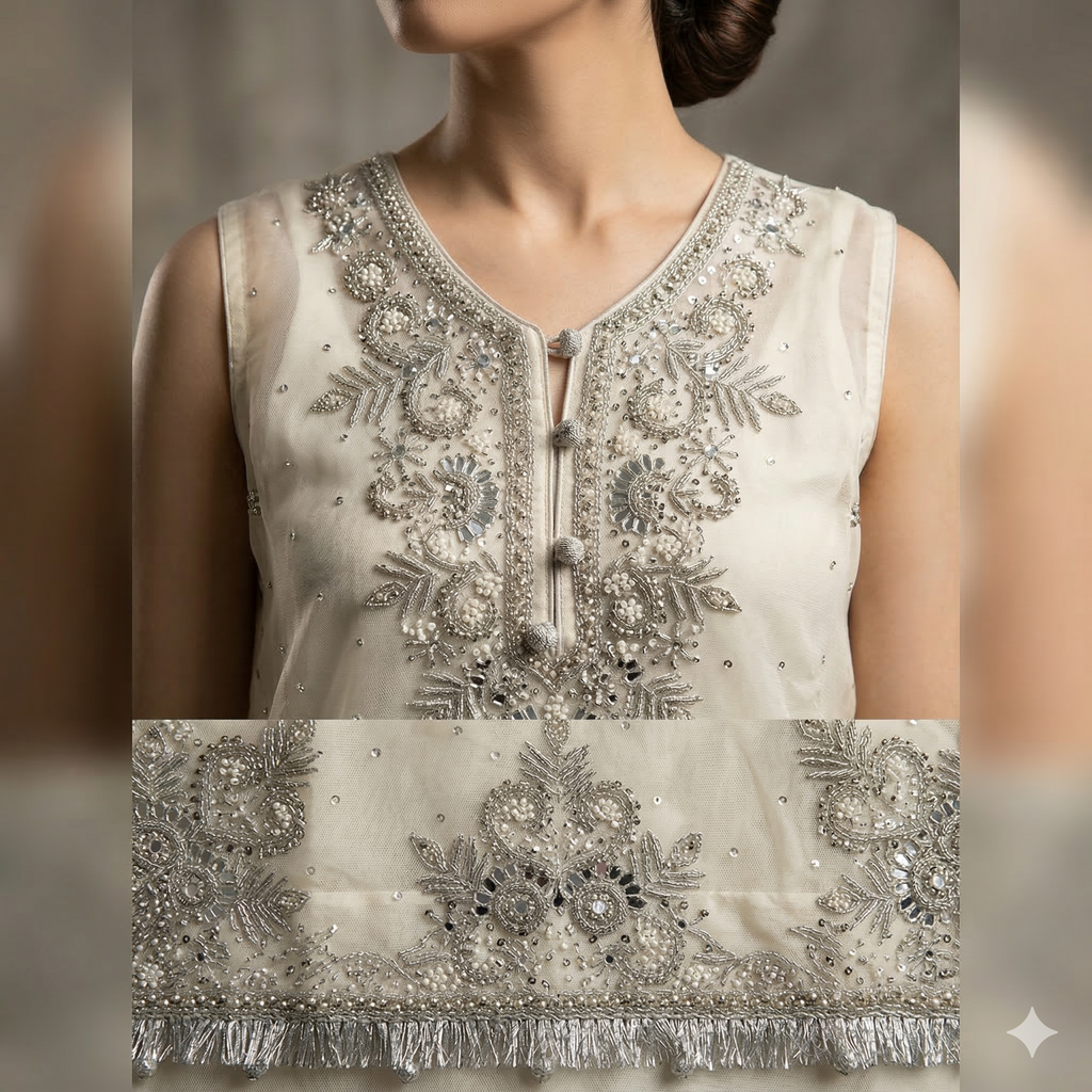 Ivory Embroidered Organza 2-Piece Suit