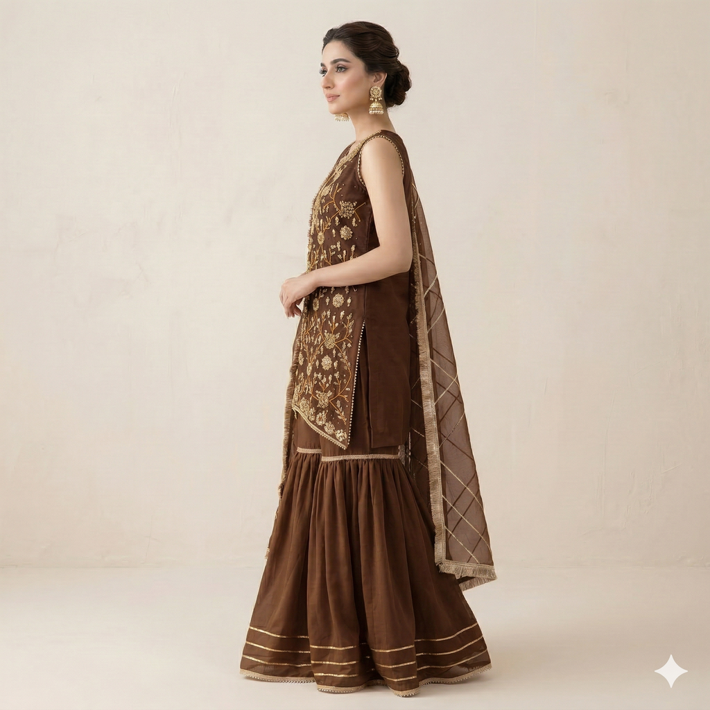 Chocolate Brown Embroidered Organza 2-Piece Suit