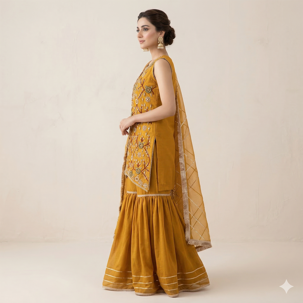 Mustard Gold Embroidered Organza 2-Piece Suit
