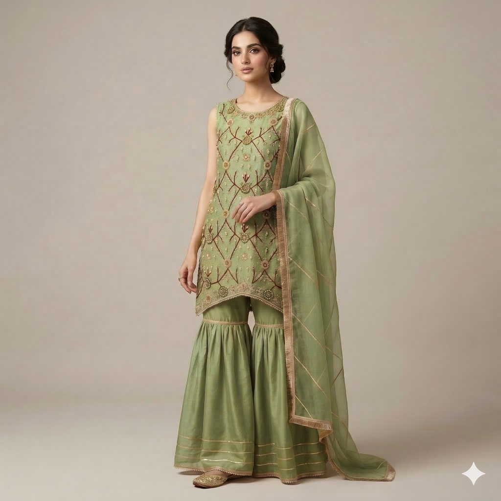 Pista Green Embroidered Organza 2-Piece Suit