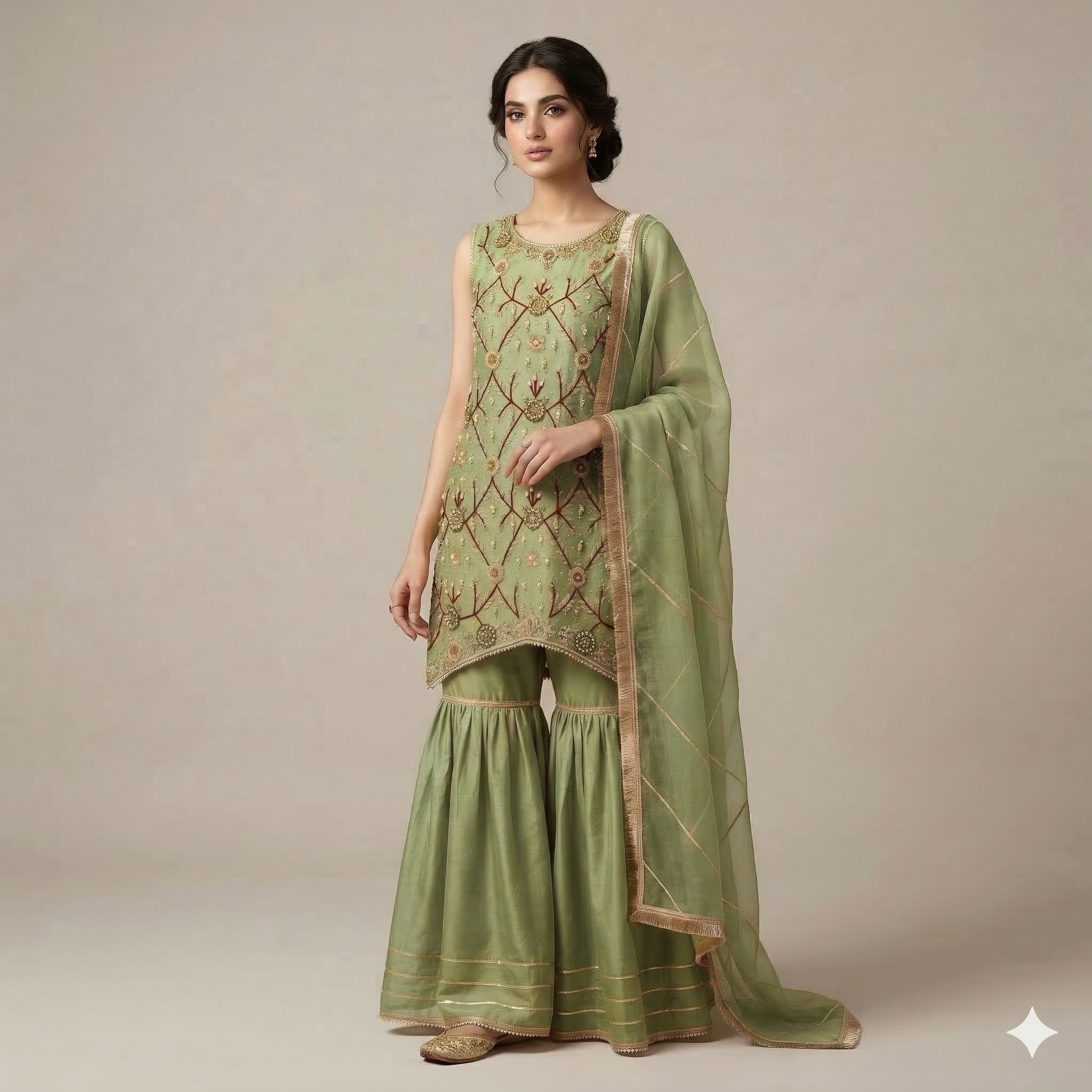 Pista Green Embroidered Organza 2-Piece Suit