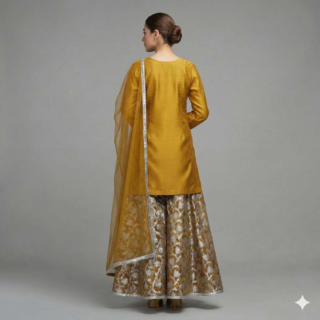 Mustard Embroidered Organza 2-Piece Suit