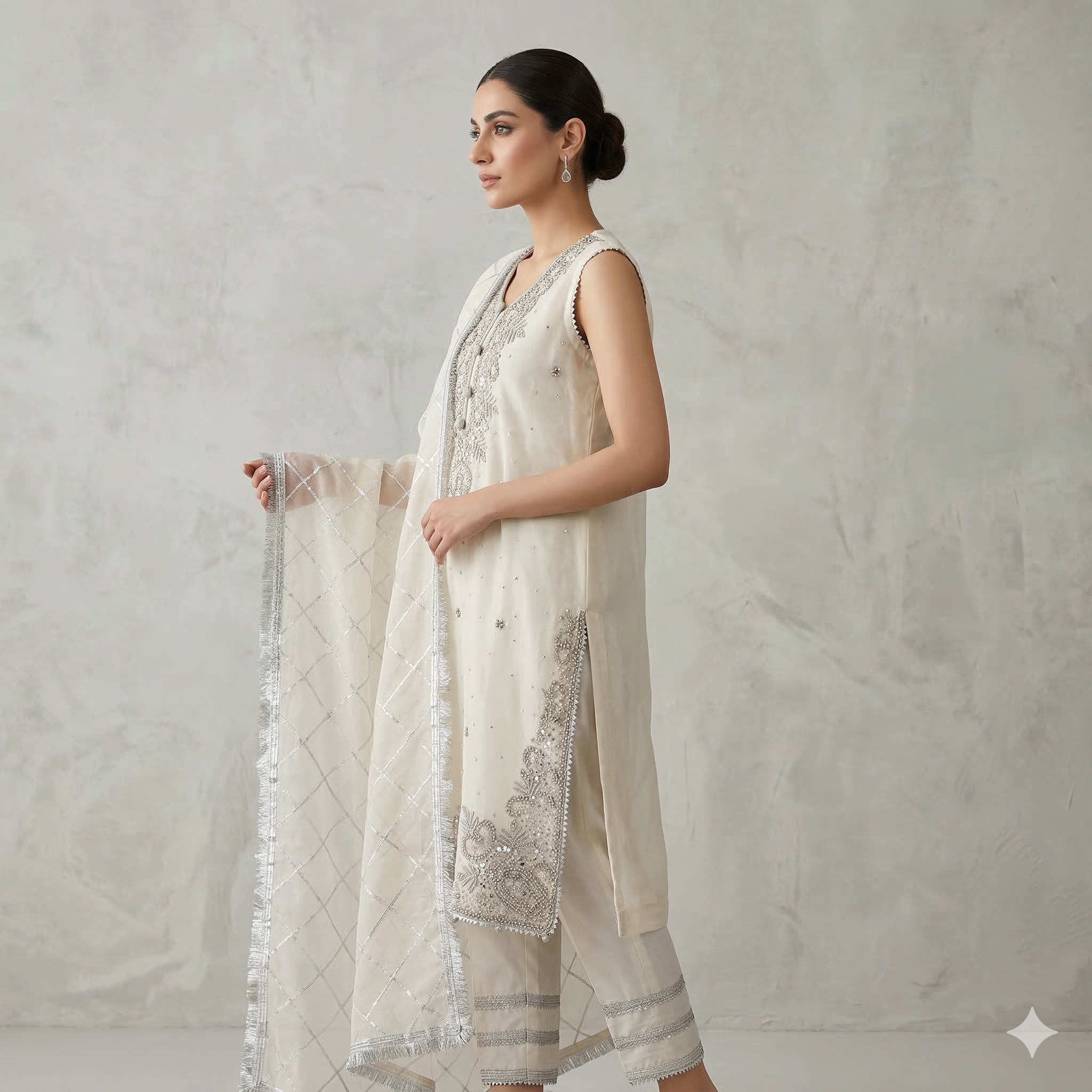 Ivory Embroidered Organza 2-Piece Suit