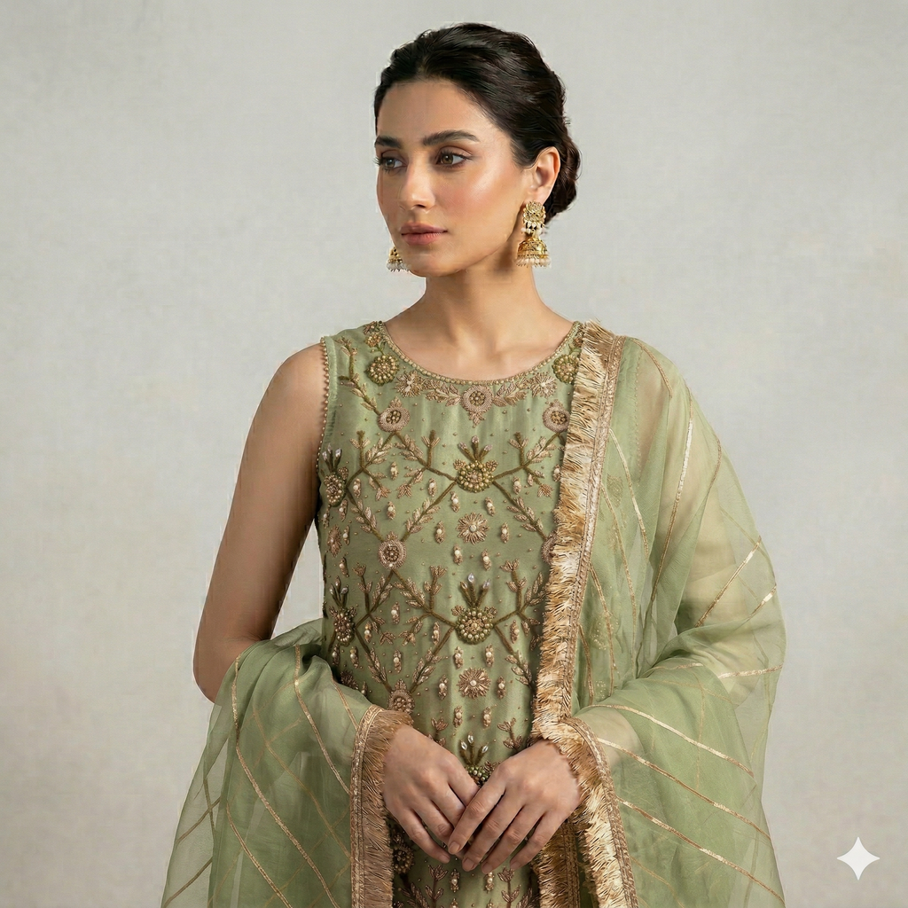 Pista Green Embroidered Organza 2-Piece Suit
