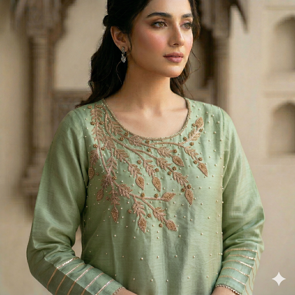 Pistachio Green Embroidered Organza 2-Piece Suit