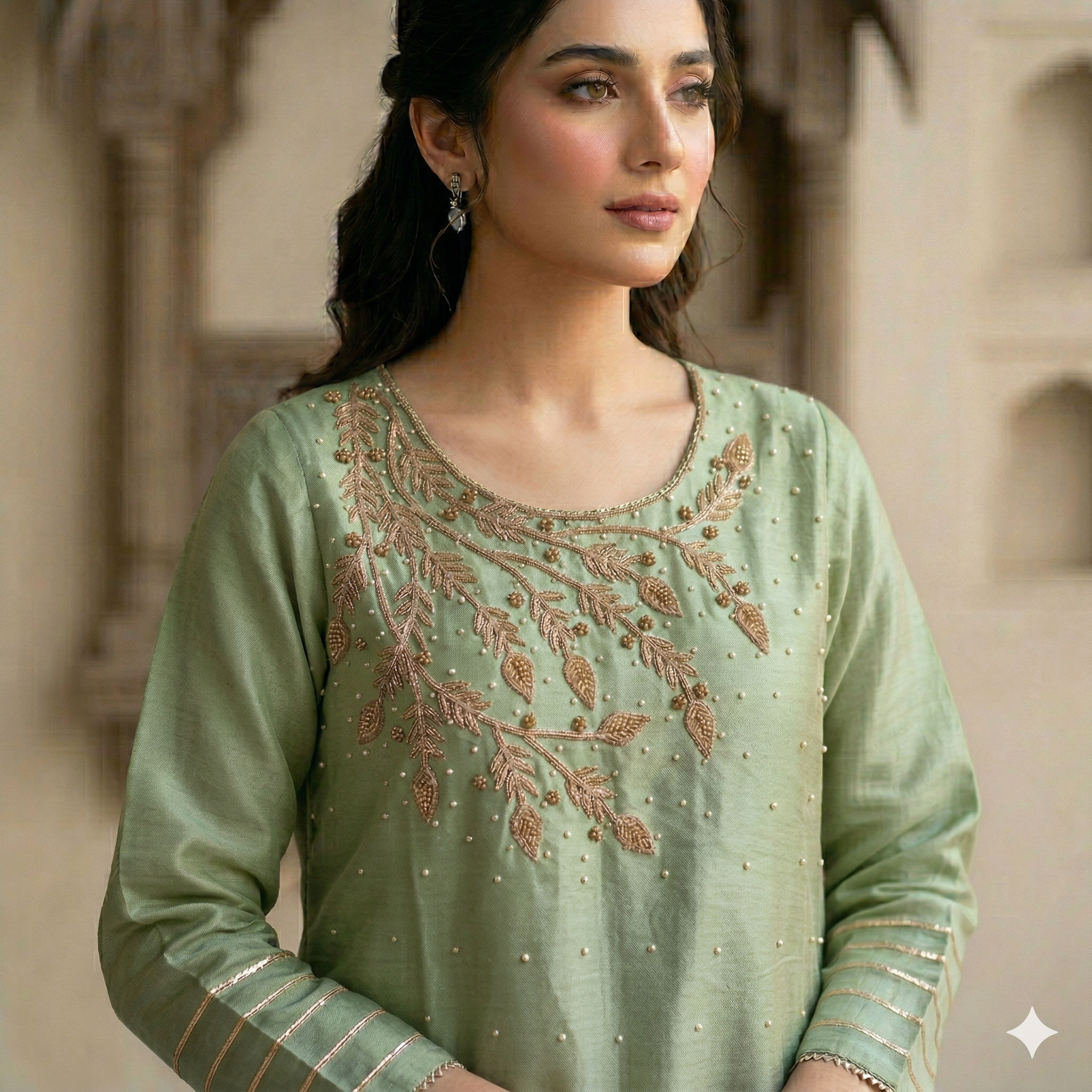 Pistachio Green Embroidered Organza 2-Piece Suit