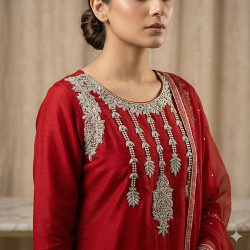 Crimson Red Embroidered Formal 2-Piece Suit