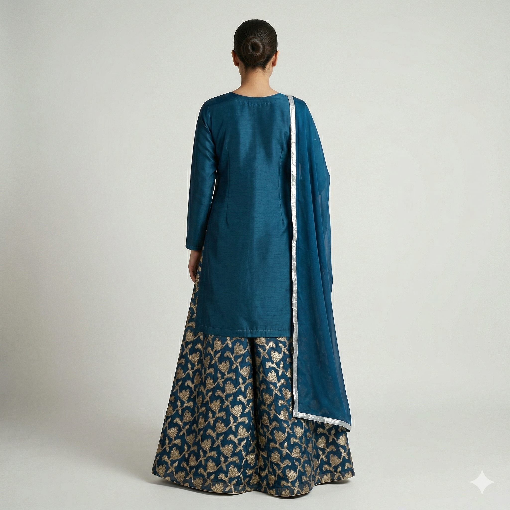 Royal Teal Embroidered Organza 2-Piece Suit