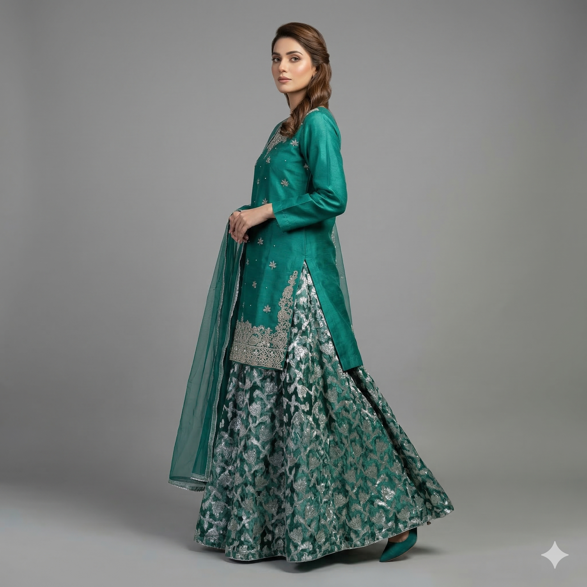 Emerald Green Embroidered Organza 2-Piece Suit