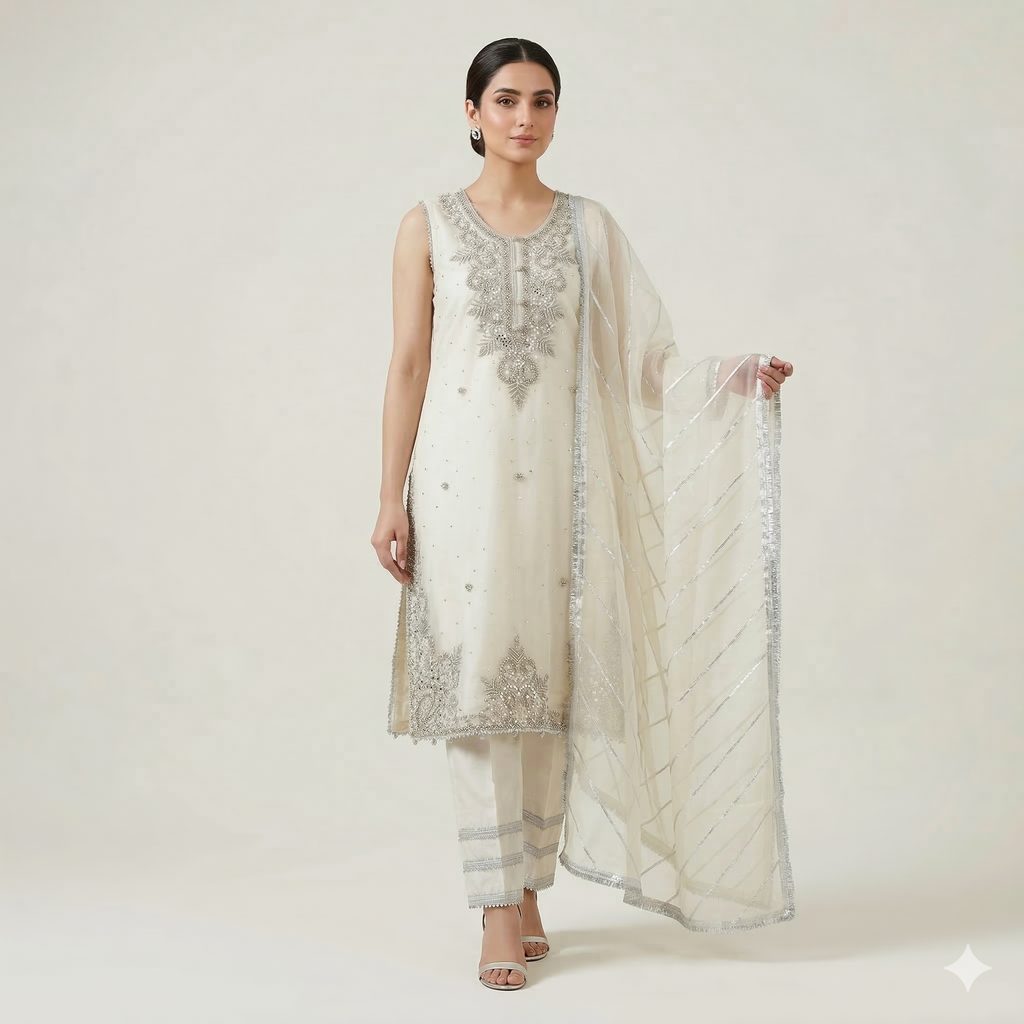 Ivory Embroidered Organza 2-Piece Suit