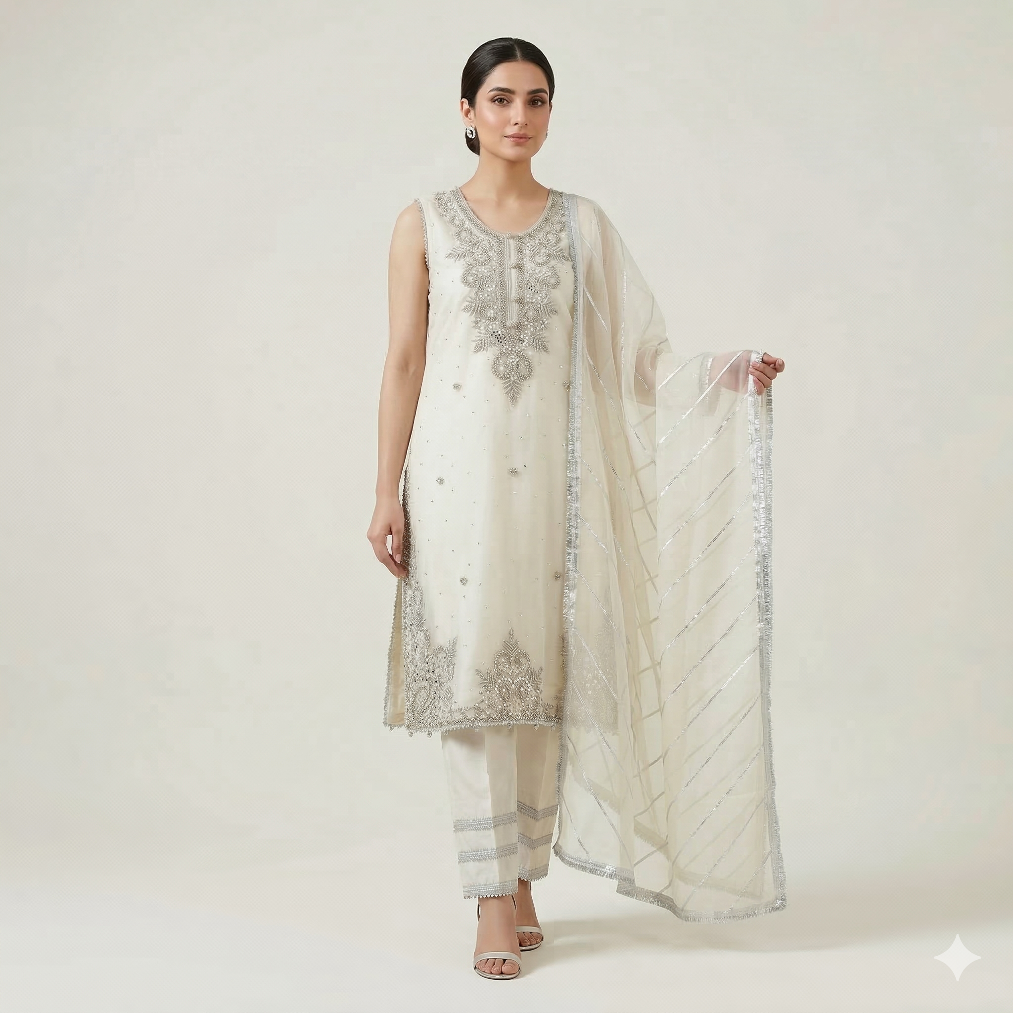 Ivory Embroidered Organza 2-Piece Suit
