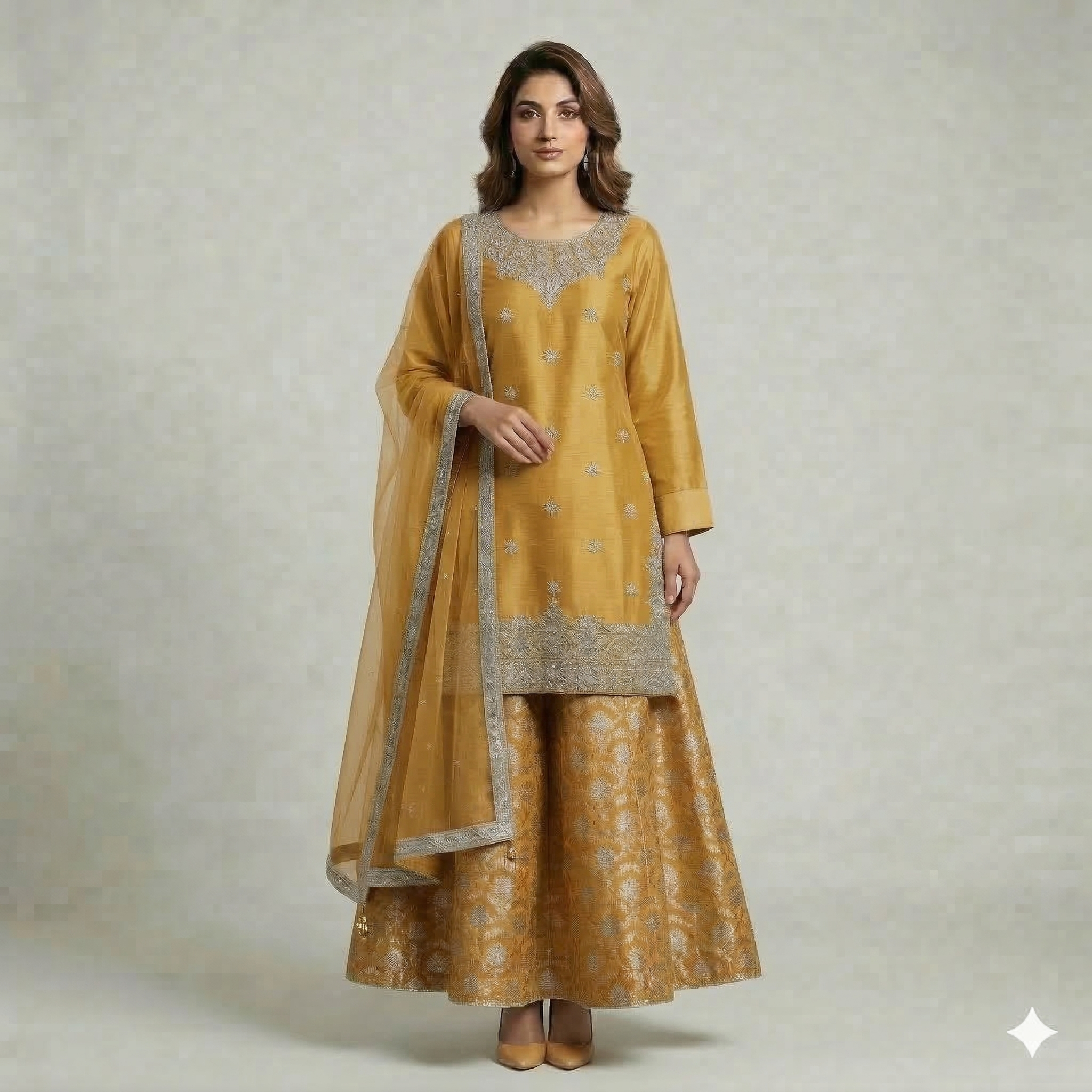 Mustard Embroidered Organza 2-Piece Suit