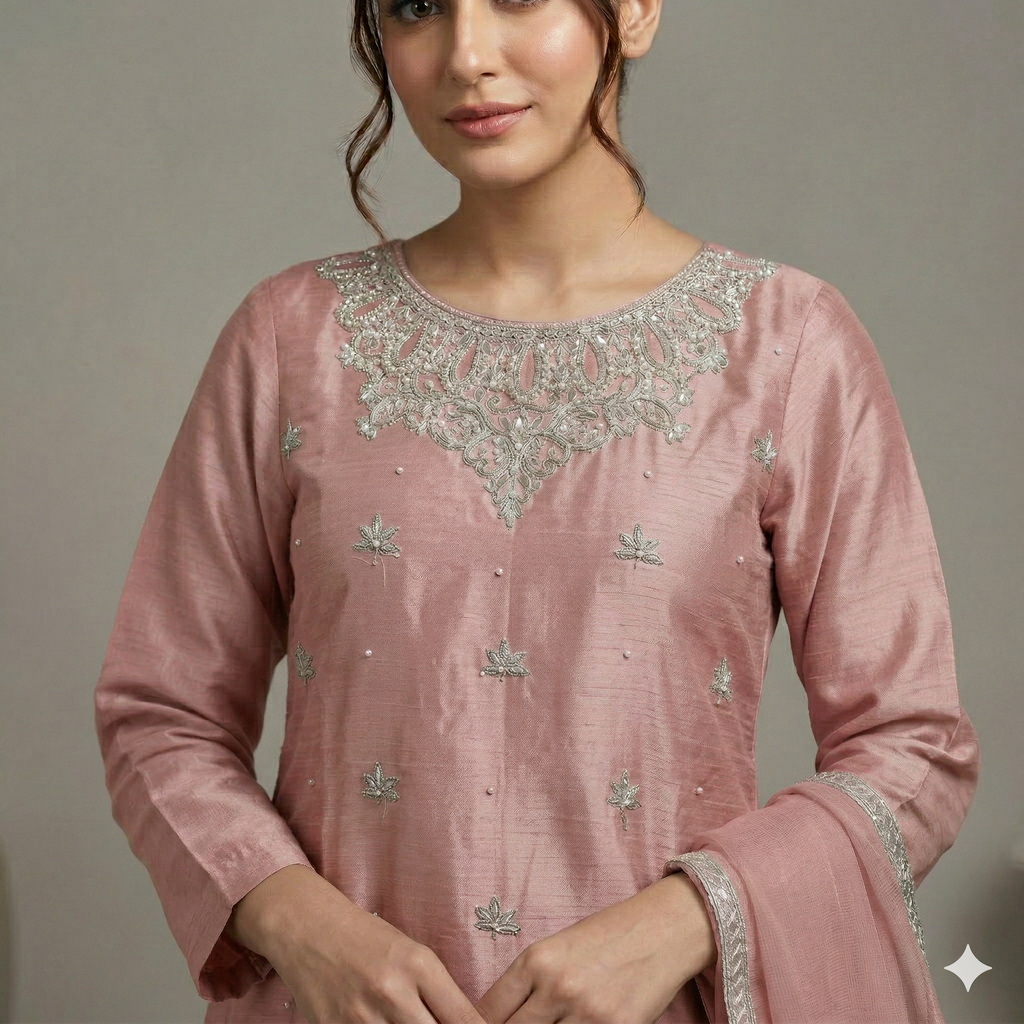 Rose Pink Embroidered Organza 2-Piece Suit