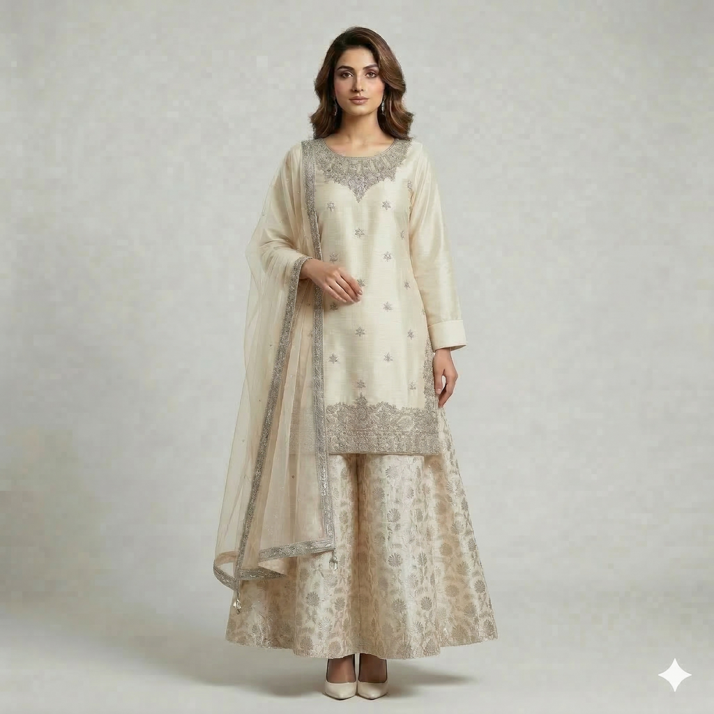 Pearl White Embroidered Organza 2-Piece Suit