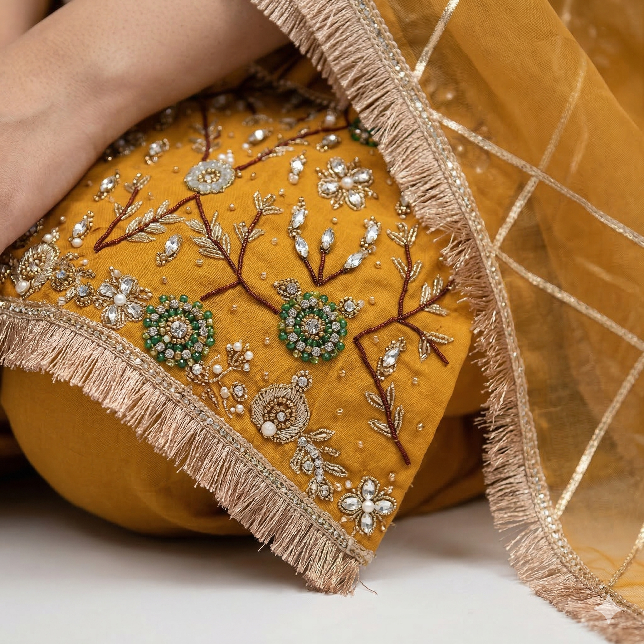 Mustard Gold Embroidered Organza 2-Piece Suit