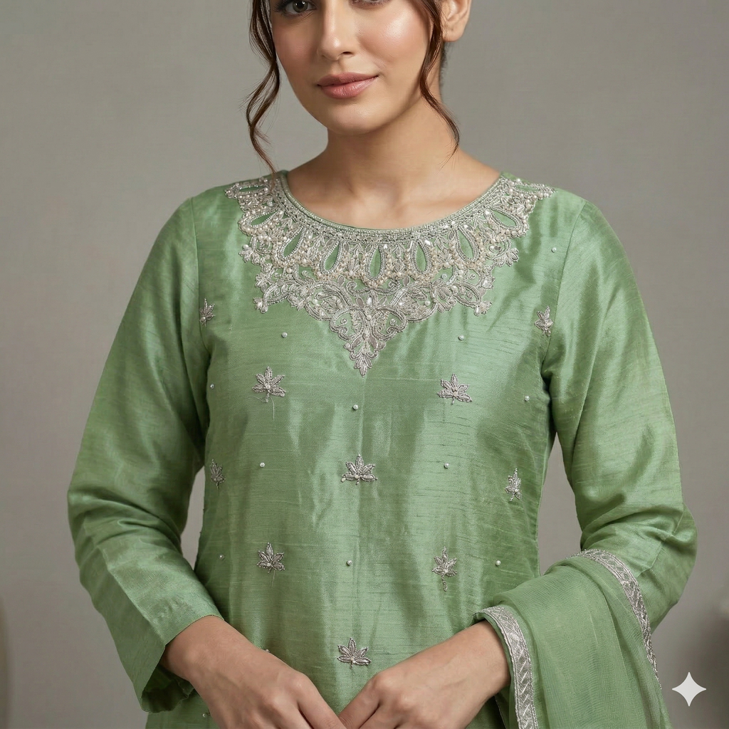 Sage Green Embroidered Organza 2-Piece Suit
