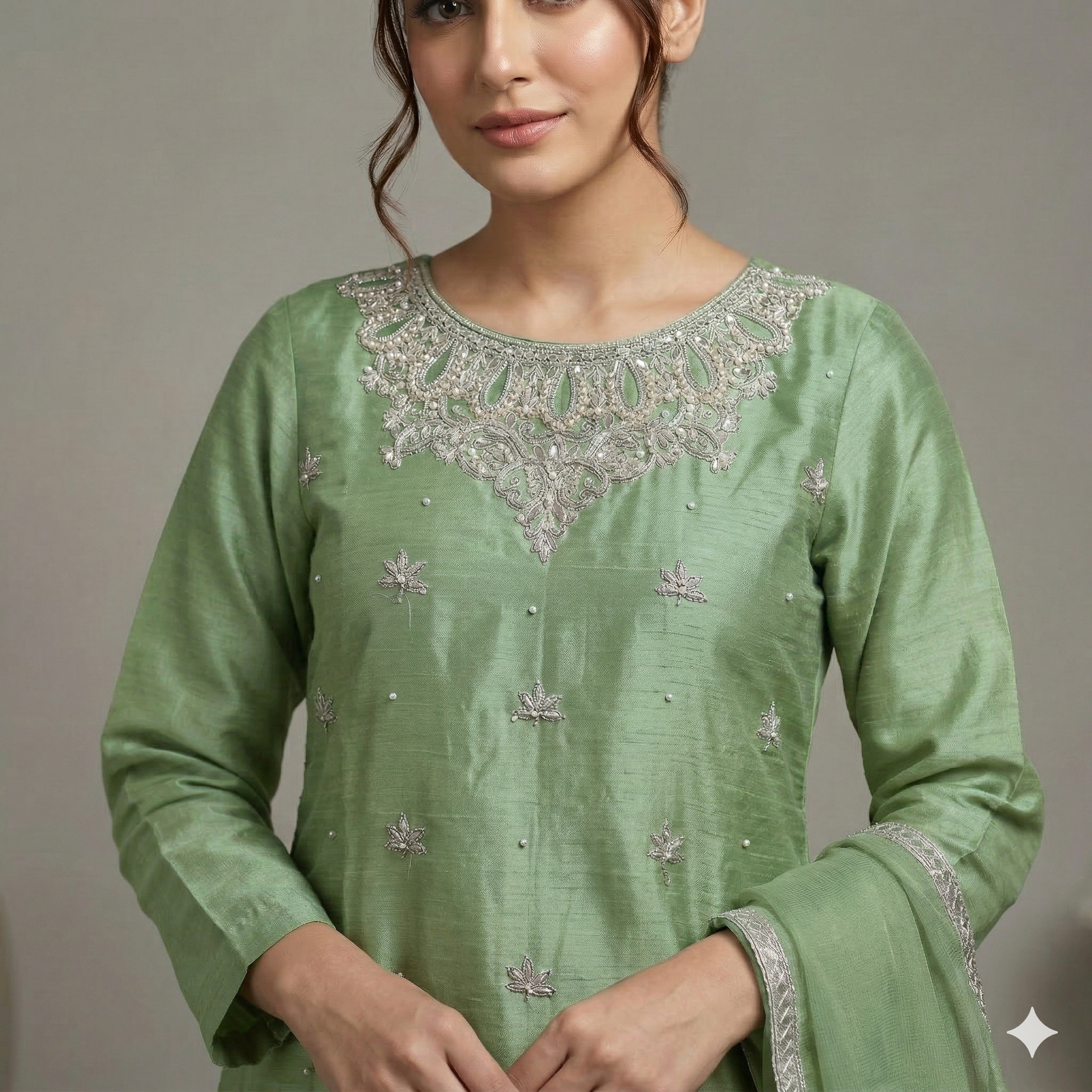 Sage Green Embroidered Organza 2-Piece Suit
