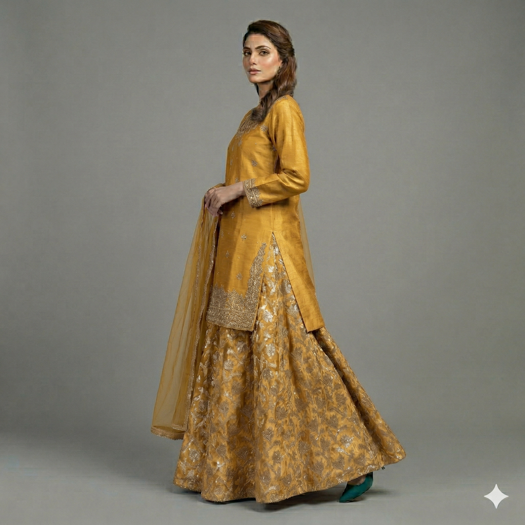 Mustard Embroidered Organza 2-Piece Suit