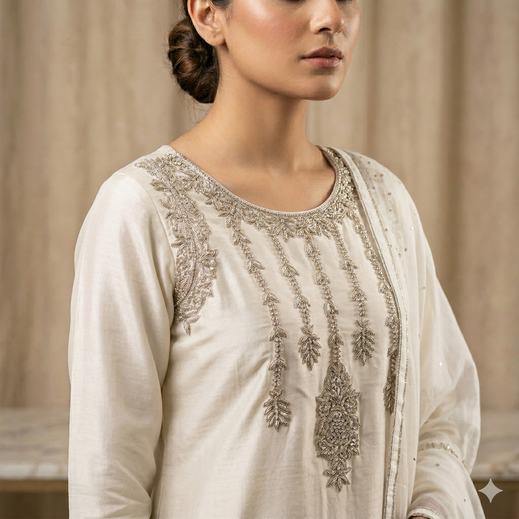Pearl White Embroidered Formal 2-Piece Suit