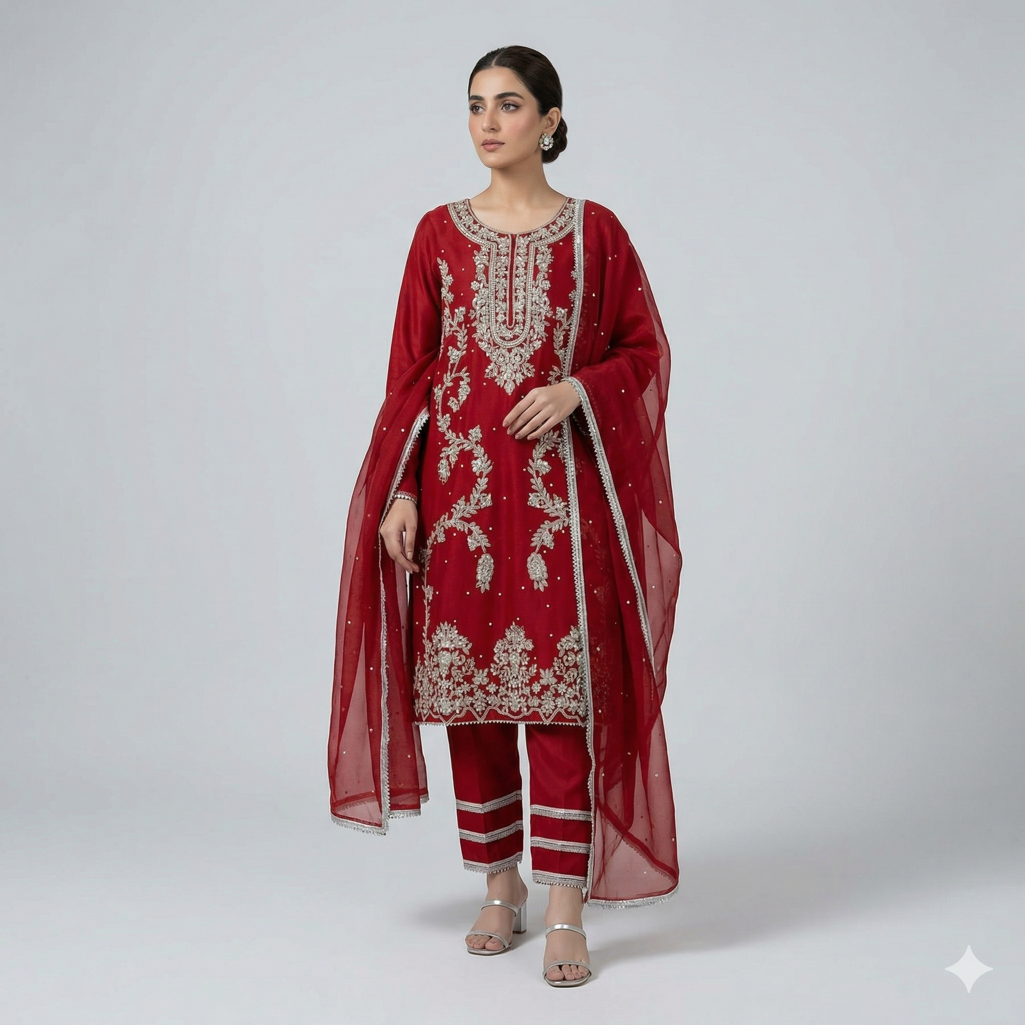 Ruby Red Embroidered Organza 2-Piece Suit