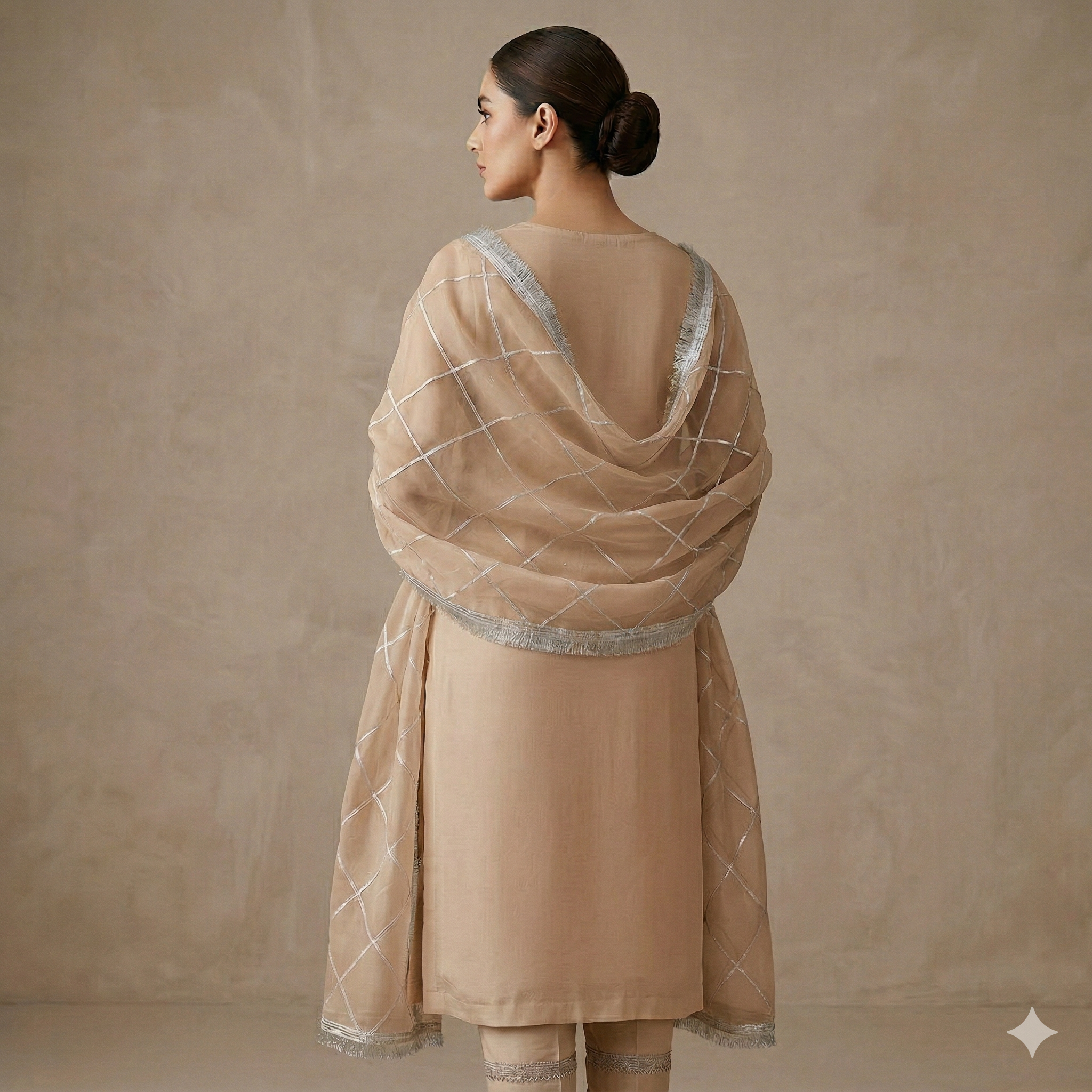 Beige Embroidered Organza 2-Piece Suit