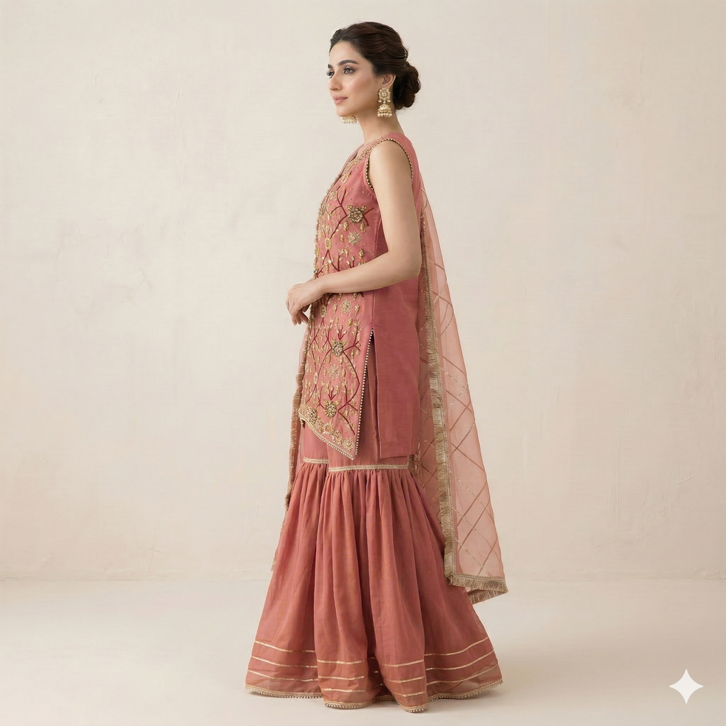 Dusty Rose Embroidered Organza 2-Piece Suit