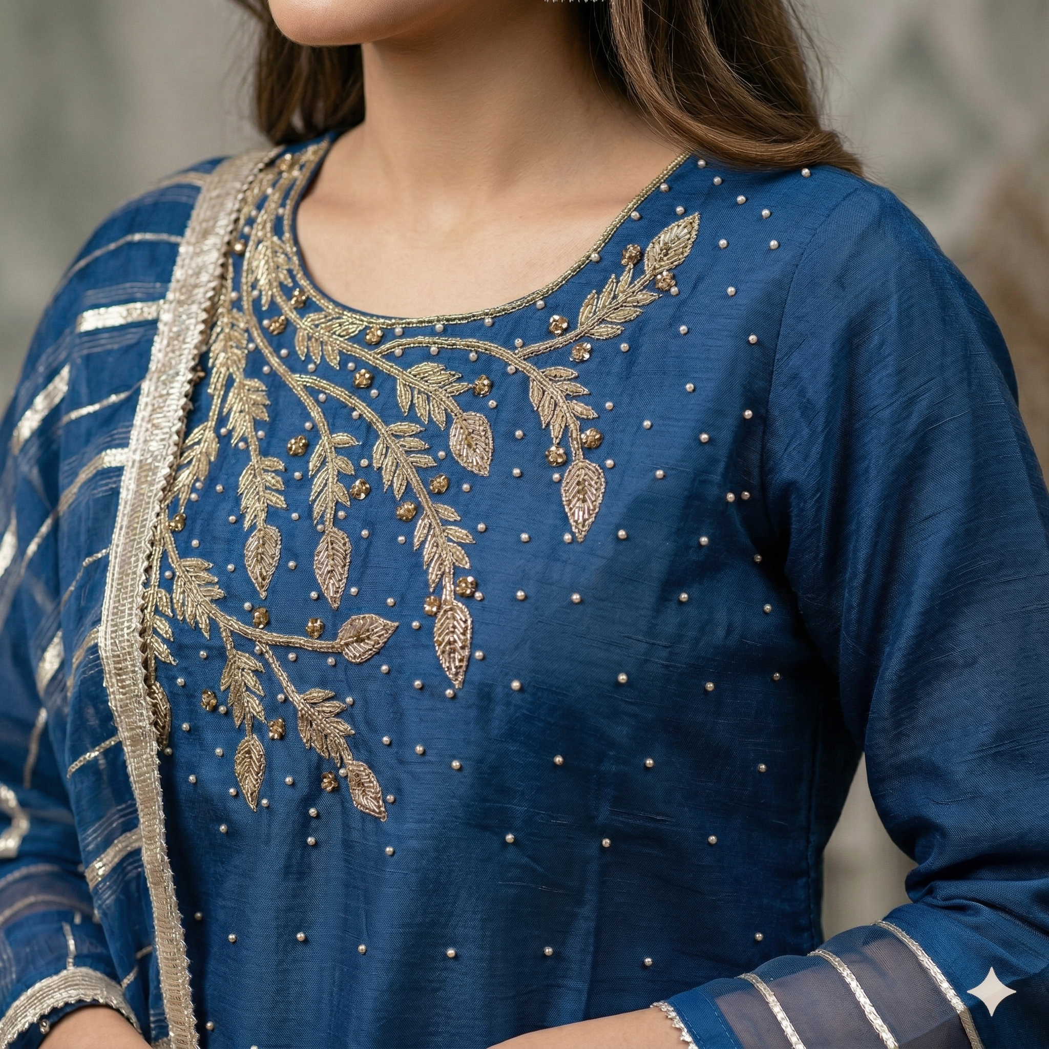 Midnight Blue Embroidered Organza 2-Piece Suit