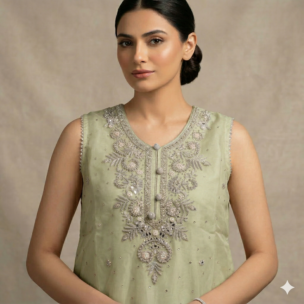 Mint Green Embroidered Organza 2-Piece Suit