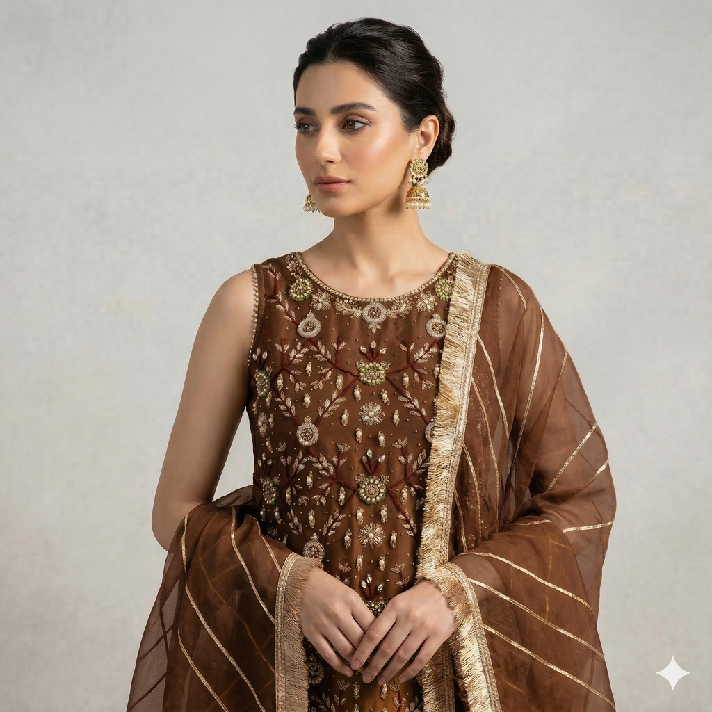 Chocolate Brown Embroidered Organza 2-Piece Suit