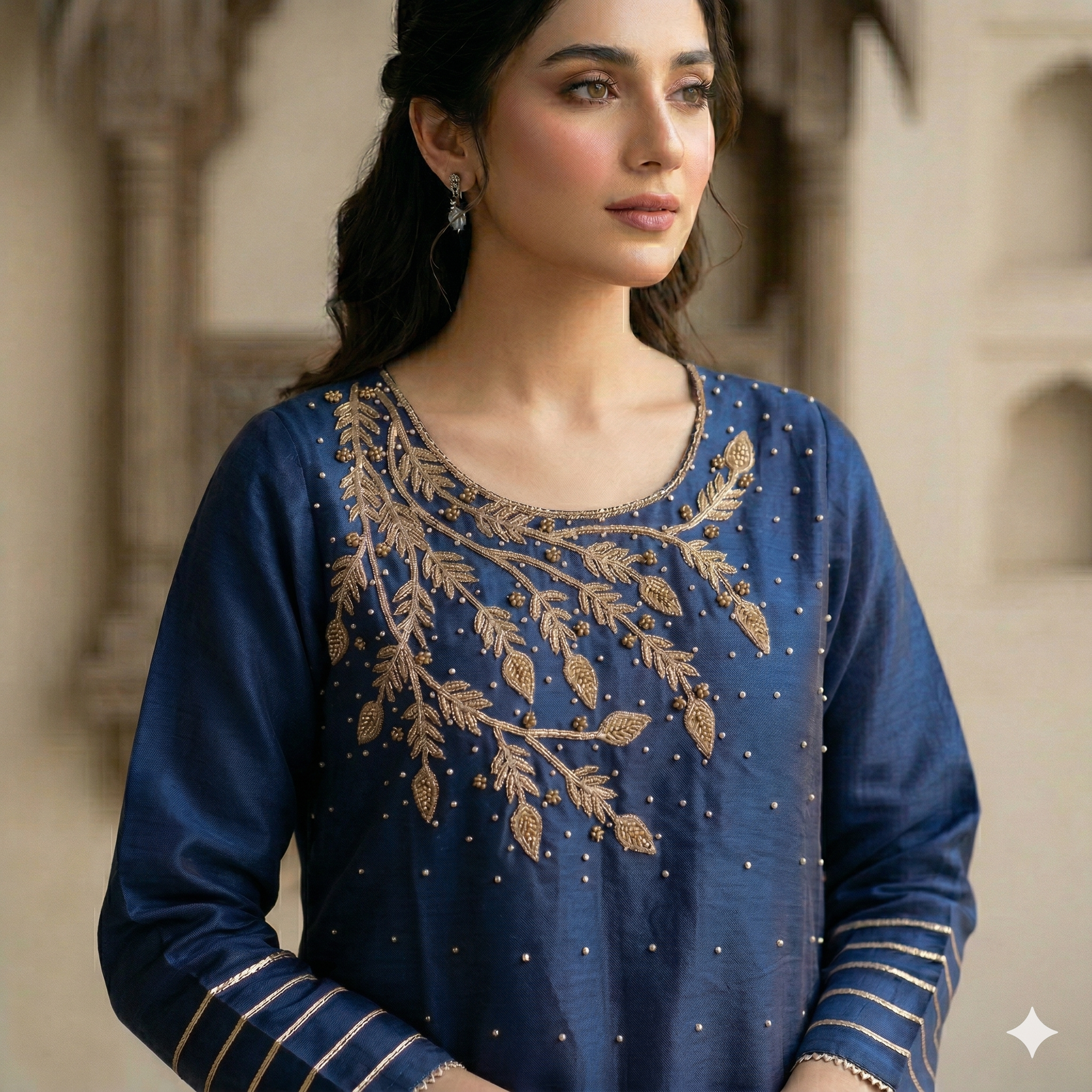 Midnight Blue Embroidered Organza 2-Piece Suit