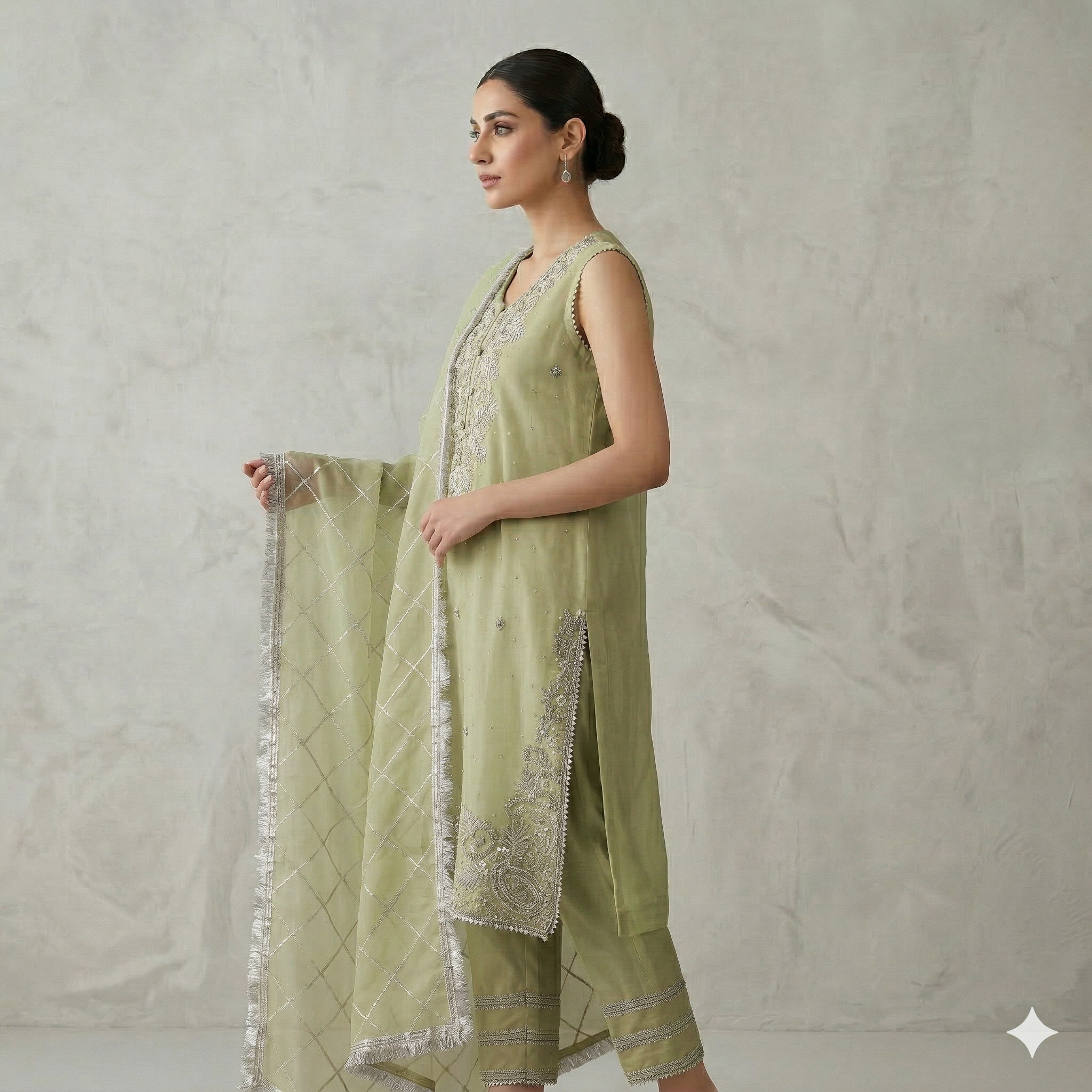 Mint Green Embroidered Organza 2-Piece Suit