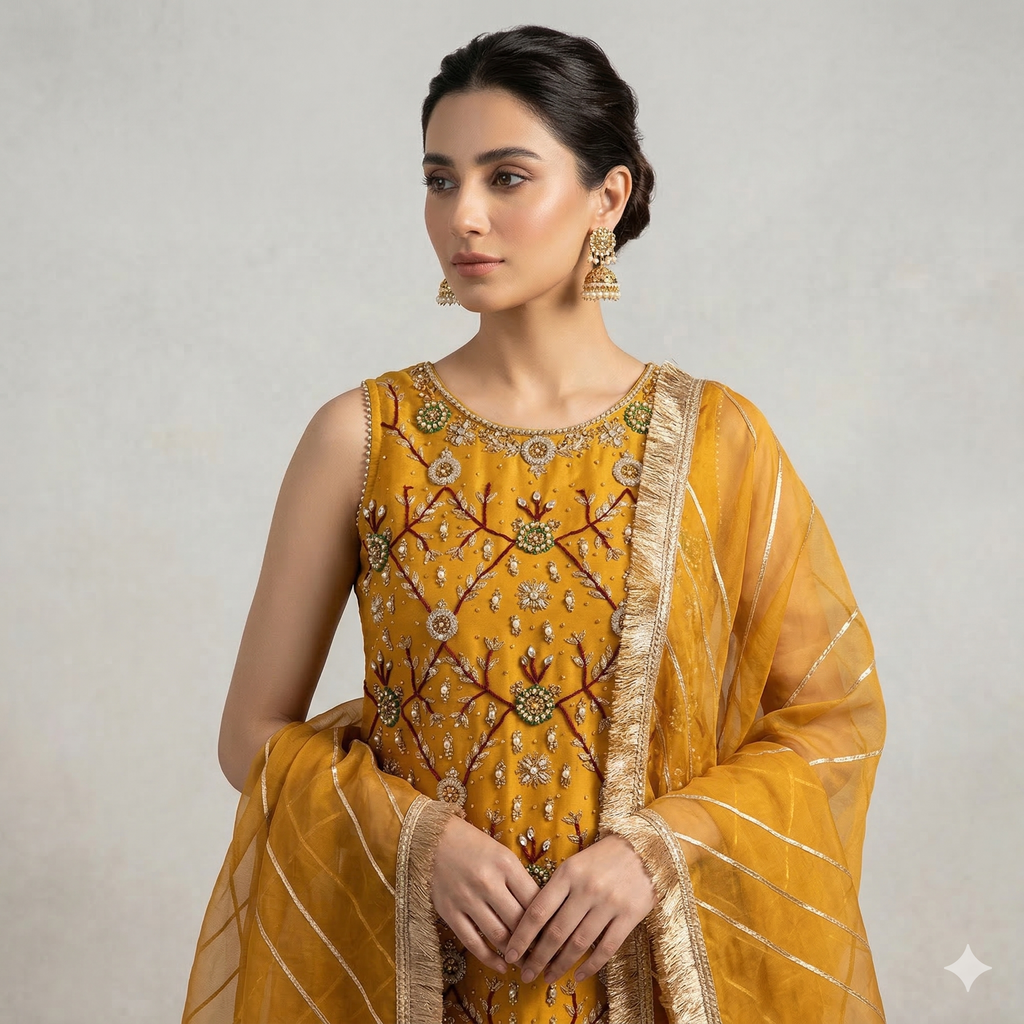 Mustard Gold Embroidered Organza 2-Piece Suit