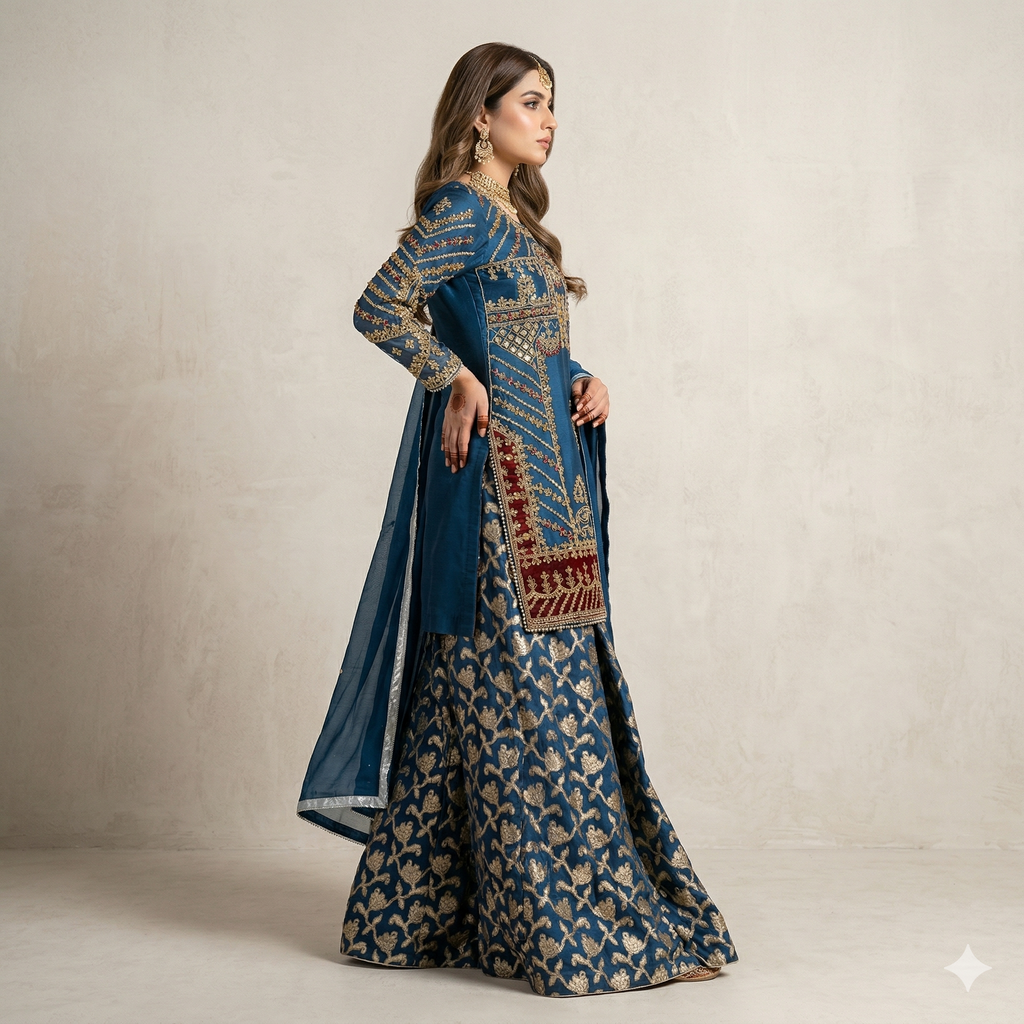 Royal Teal Embroidered Organza 2-Piece Suit