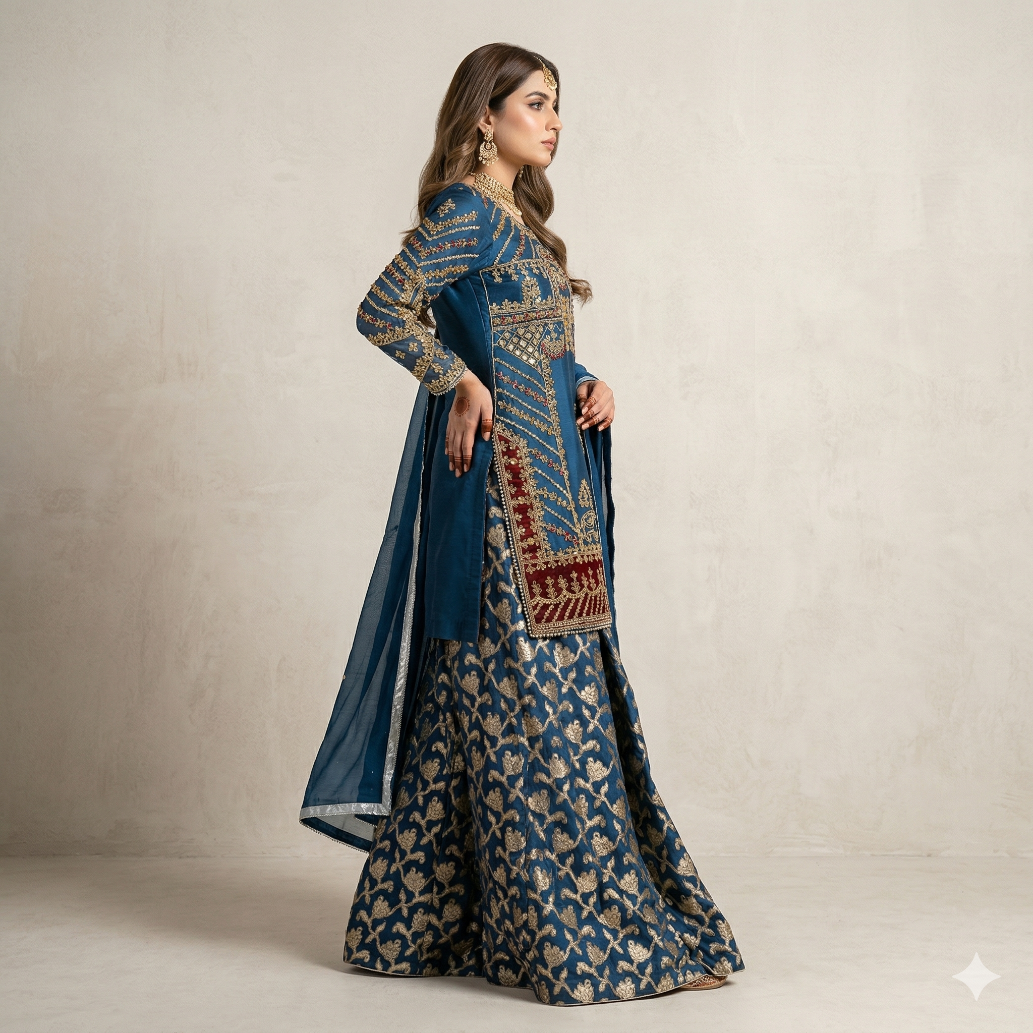 Royal Teal Embroidered Organza 2-Piece Suit