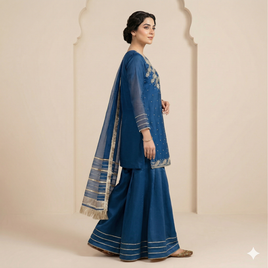Midnight Blue Embroidered Organza 2-Piece Suit