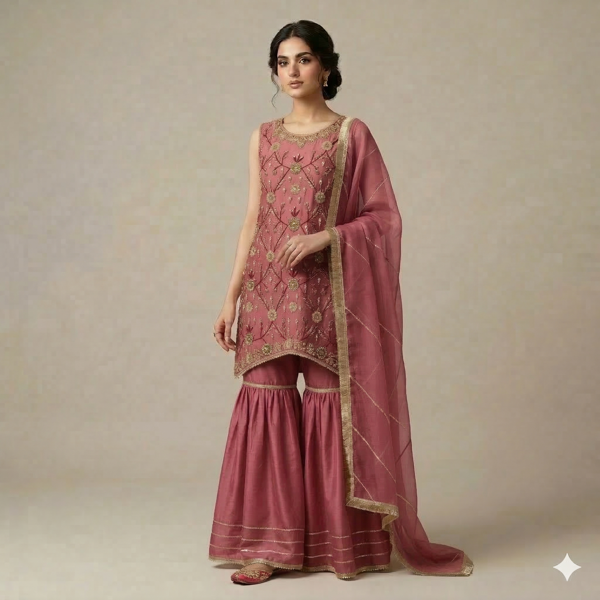 Dusty Rose Embroidered Organza 2-Piece Suit