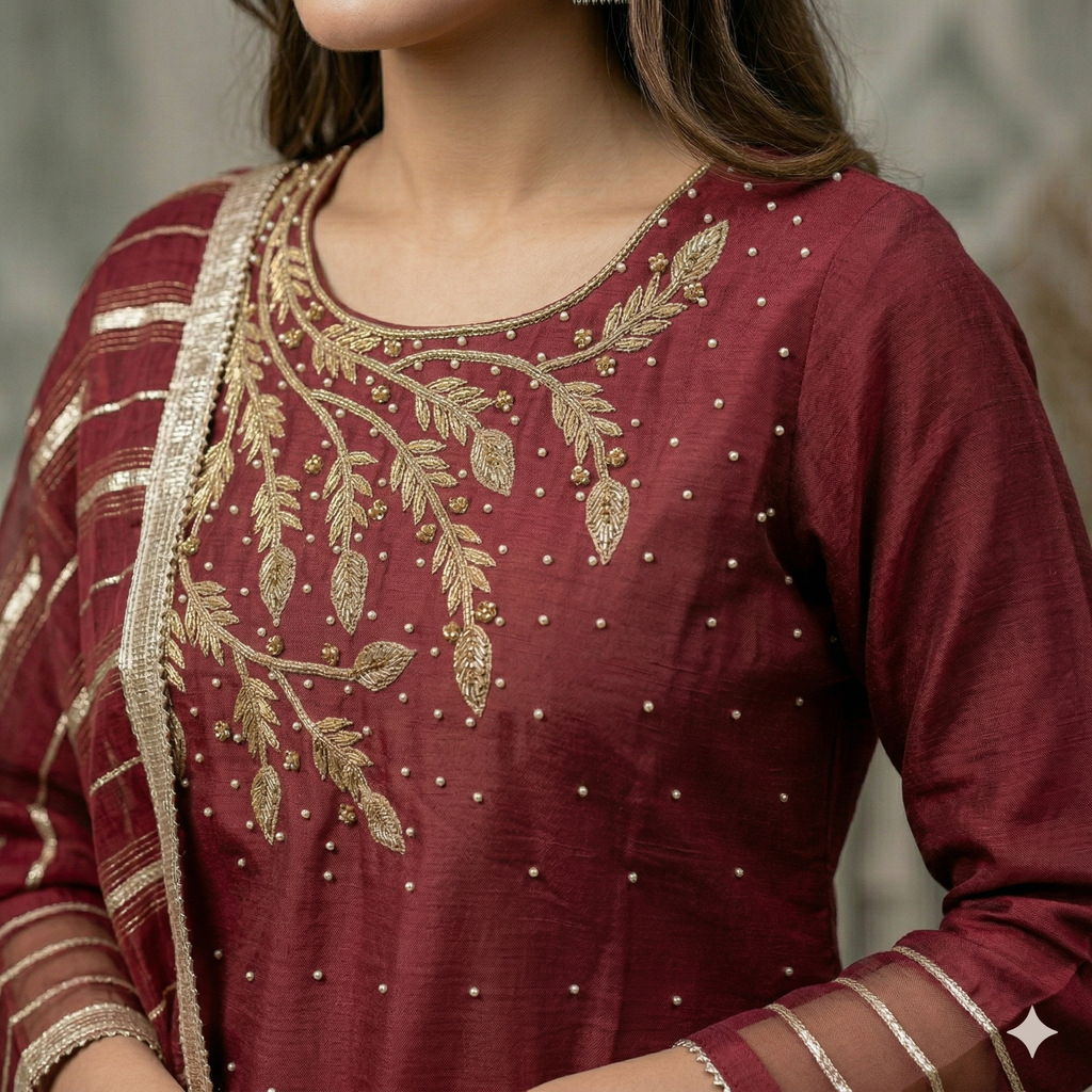 Maroon Embroidered Organza 2-Piece Suit