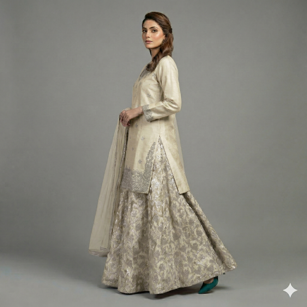 Pearl White Embroidered Organza 2-Piece Suit