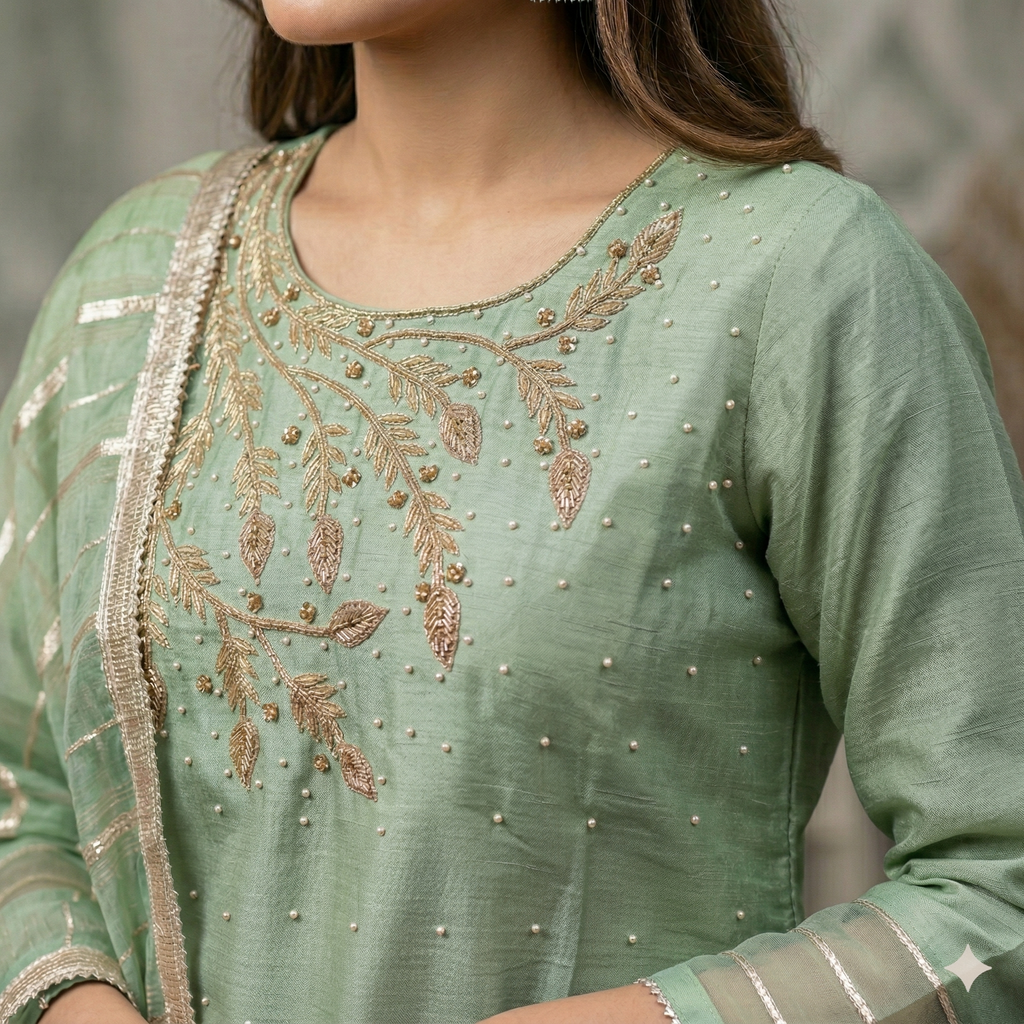 Pistachio Green Embroidered Organza 2-Piece Suit