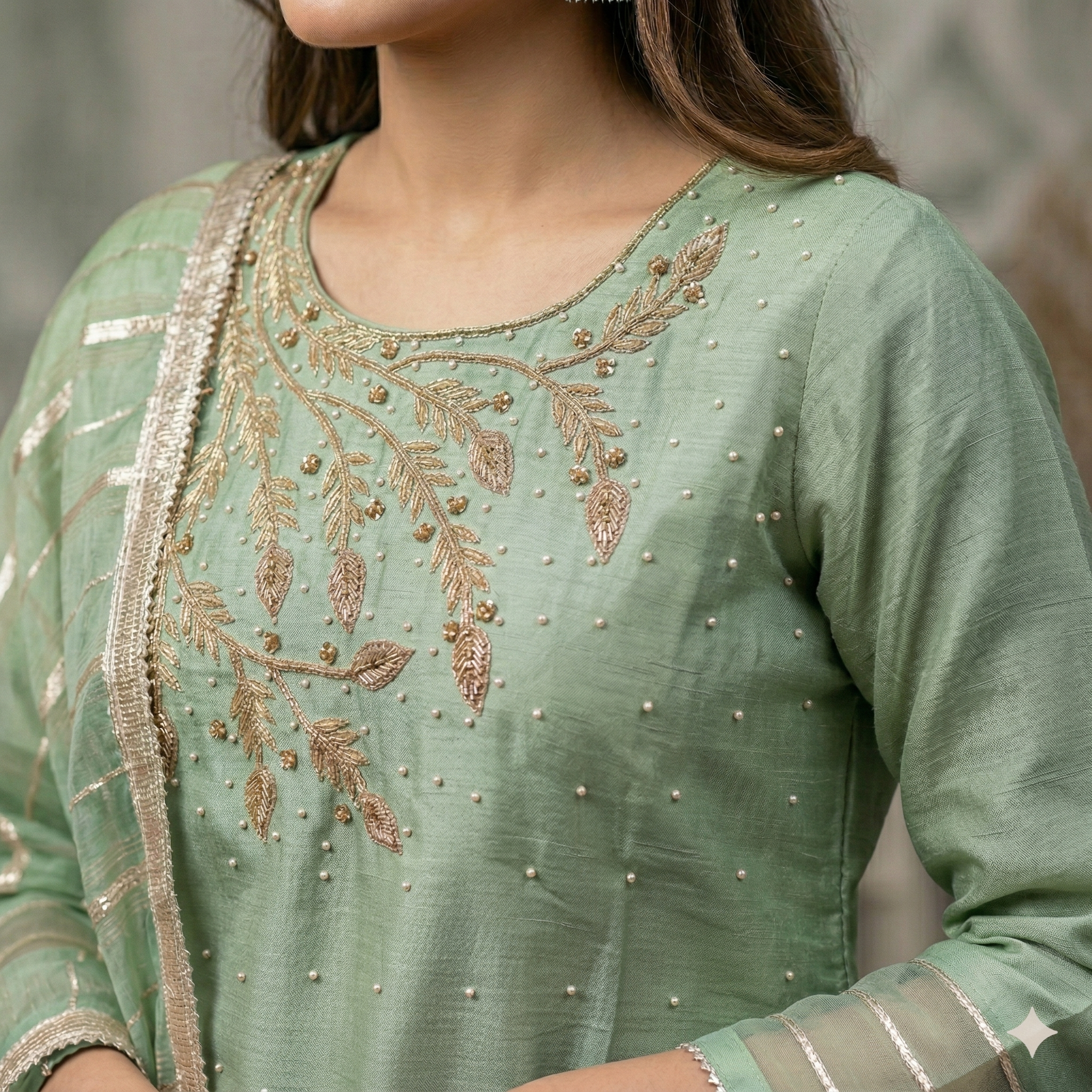 Pistachio Green Embroidered Organza 2-Piece Suit