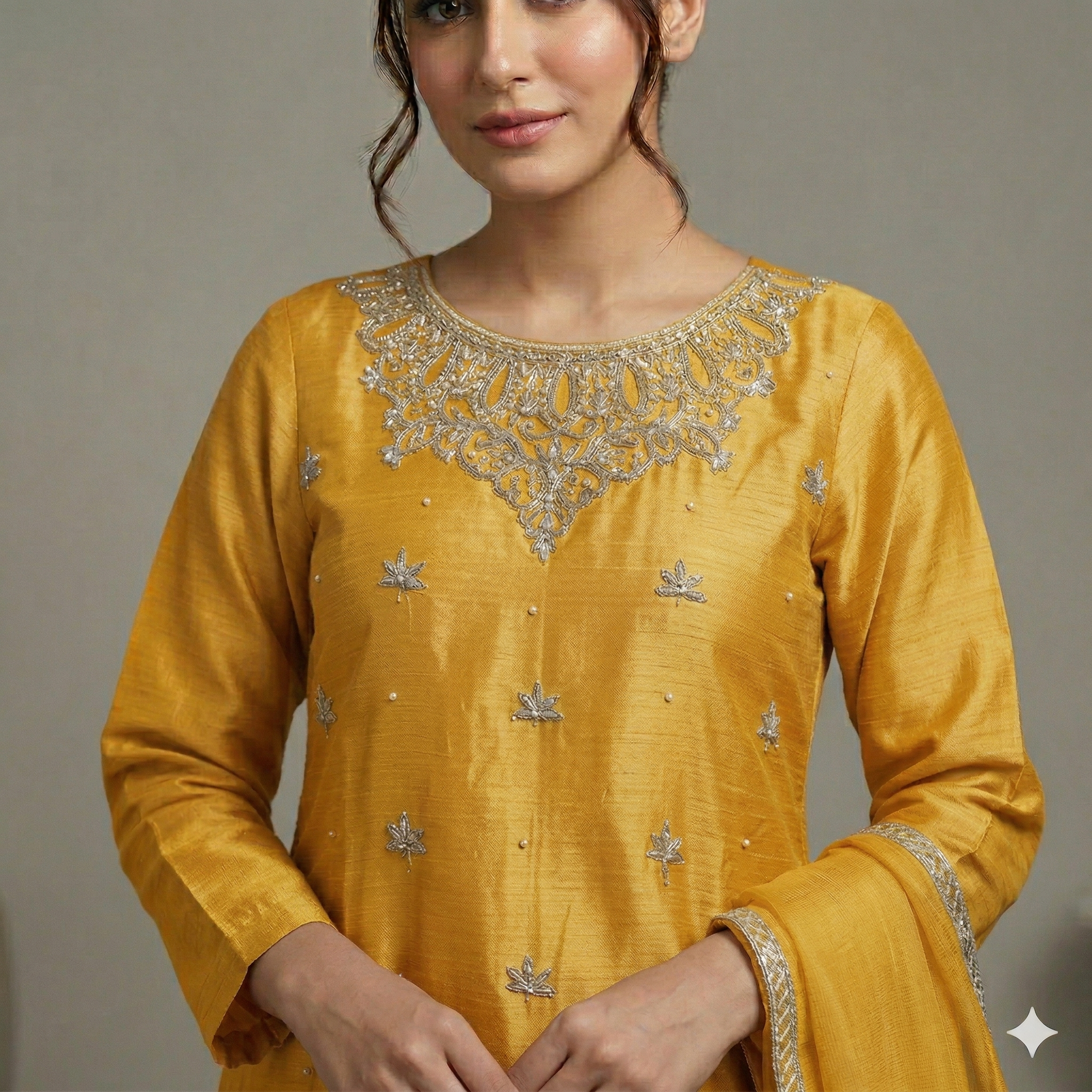 Mustard Embroidered Organza 2-Piece Suit
