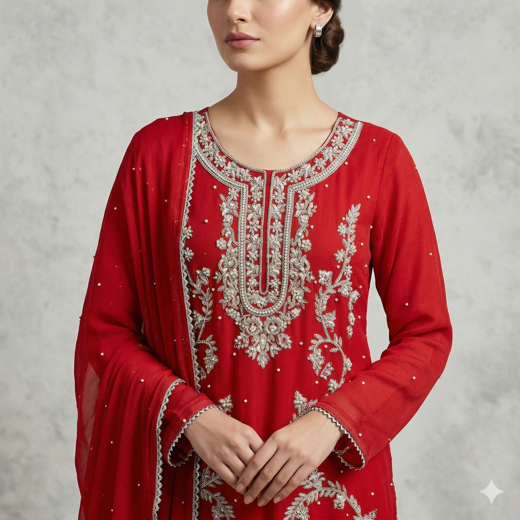 Ruby Red Embroidered Organza 2-Piece Suit